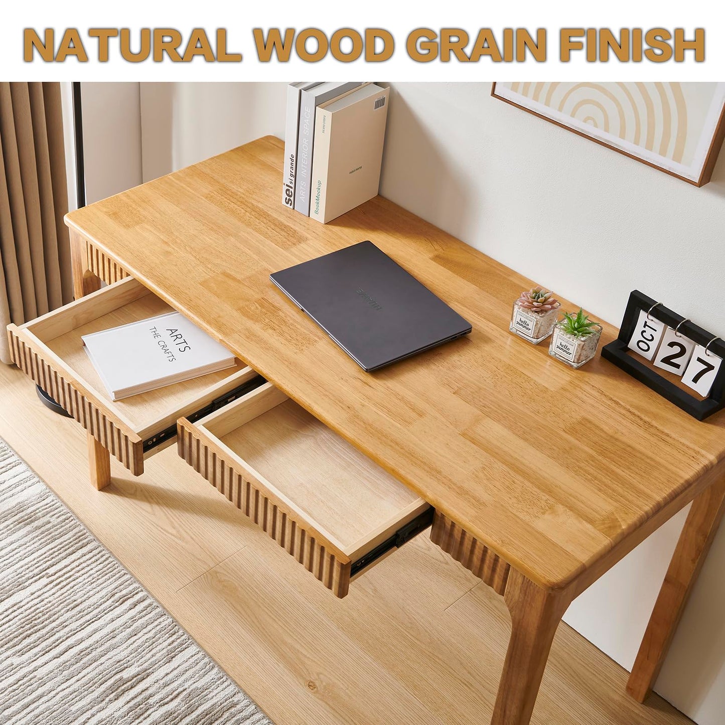 JTYP Solid Wood Desk with Drawers, Light Wood Desk for Small Spaces, Small Writing Desk for Bedroom, Gaming Study Home Office Wooden Desks for Work, 39 inch Wood Computer Desk