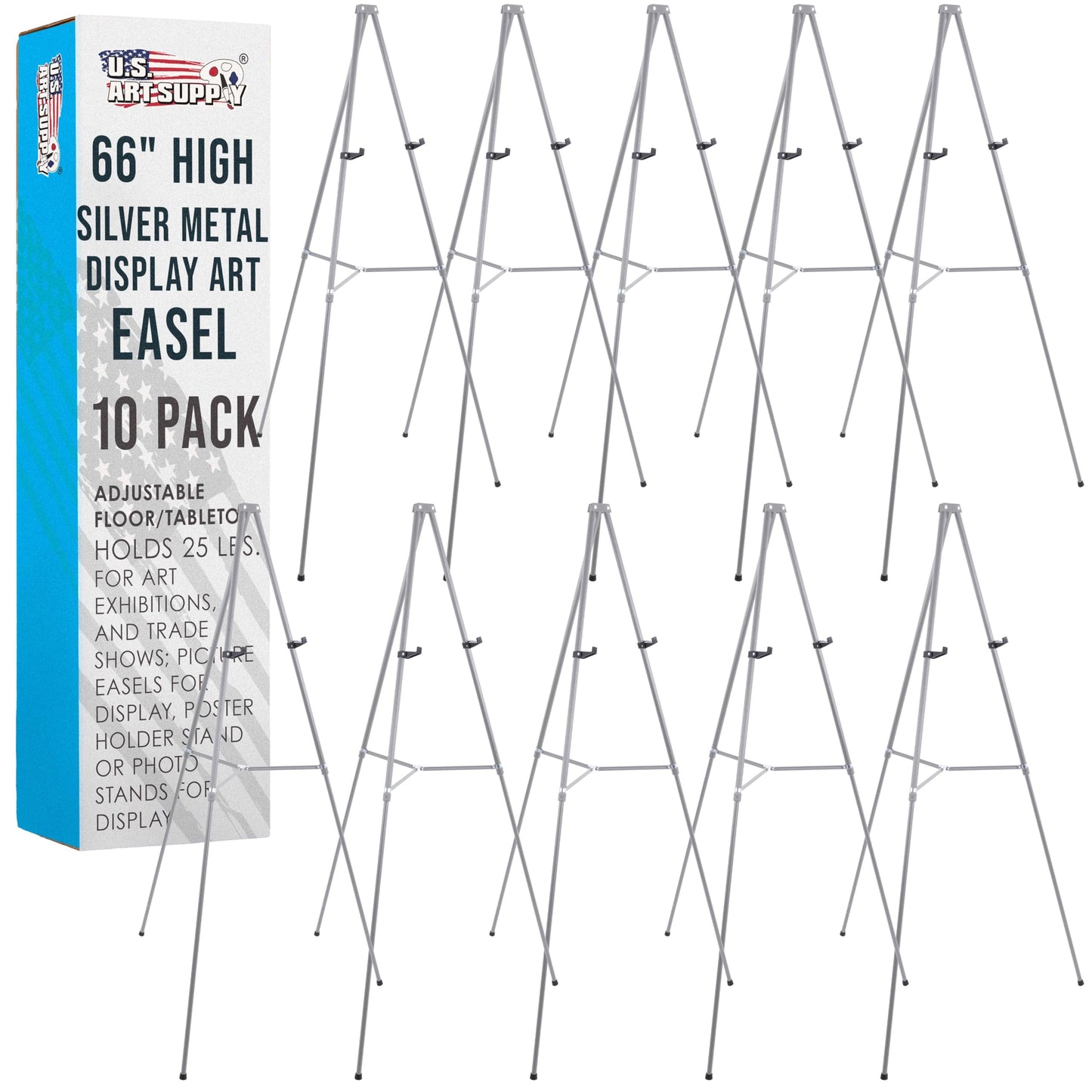 U.S. Art Supply 66" High Gallery Silver Metal Display Easel (10 Pack) - Large Adjustable Height Portable Easel Stand, Sign Display, Holds 25 lbs - Floor & Tabletop Easels, Painting Stand