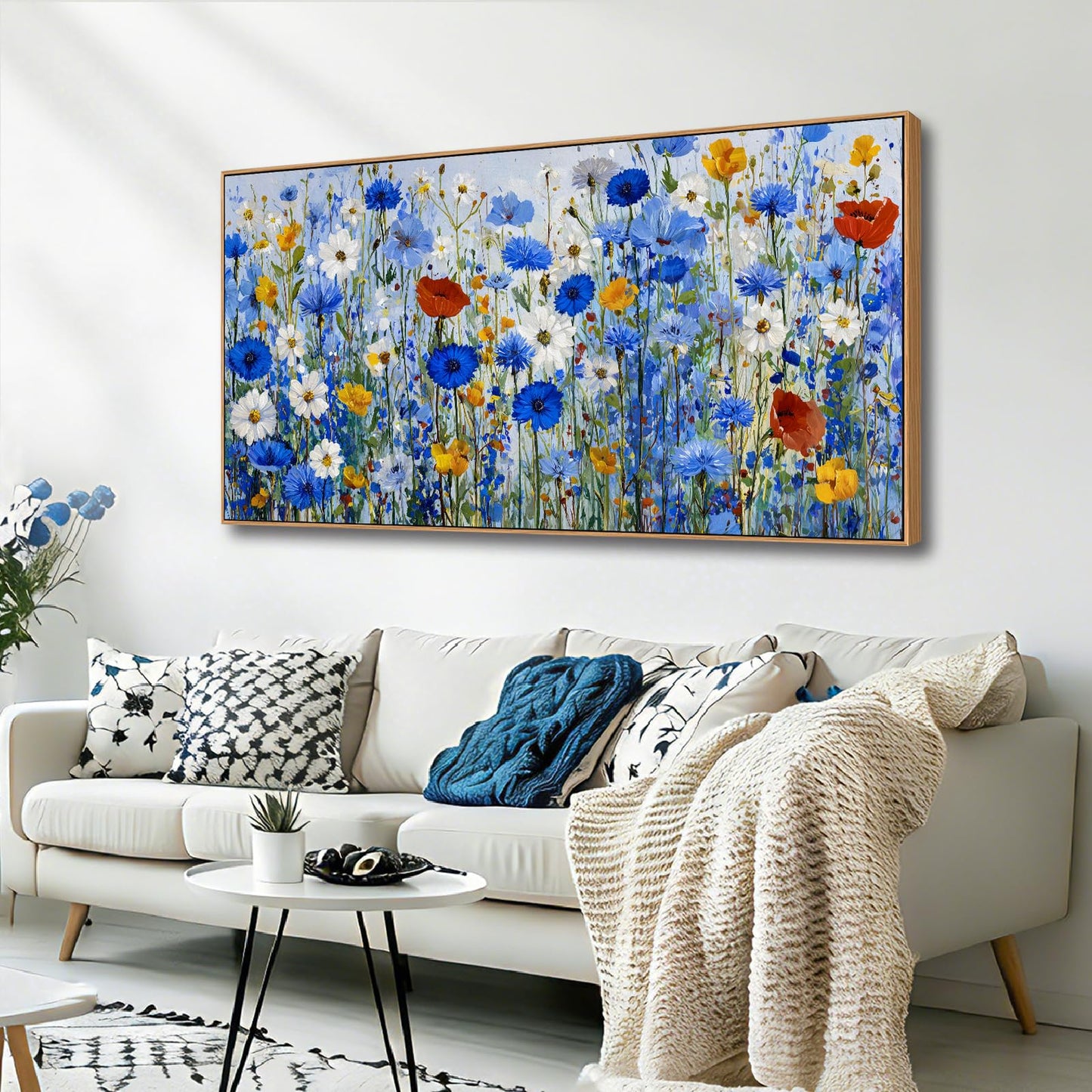 KZKU Blue Floral Wall Art Wildflower Canvas Print Frame Ready to Hang Vibrant Flowers Artwork Botanical for Living Room Bedroom Office Hallway & Bathroom Decor 20x40inch