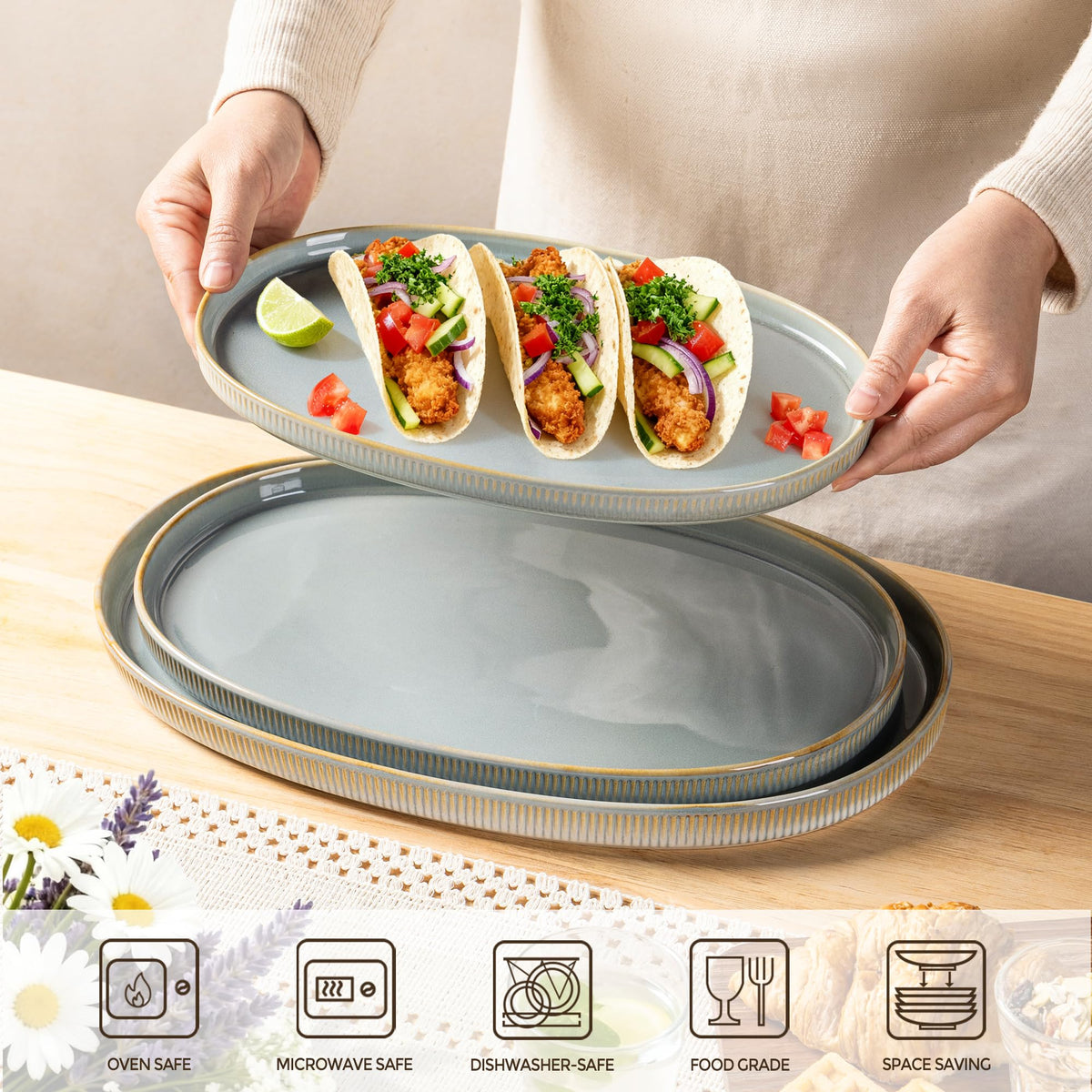 theterra Ceramic Serving Platter, 15.6"/14.4"/12.2" Oval Serving Dishes for Entertaining, Oven Safe, Microwave Safe, Serving Plates Set of 3 for Wedding, Party, Turkey, Desert Sage