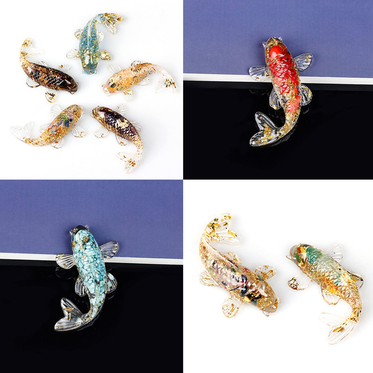 DIYOMR Set of 6 Crystals Fish Hand-dripped Resin Fused with Colorful Crystal Rocks Stones Fake Gold Coins,Blessed Carp Bring Luck Wealth,DIY Home Wall Desk Decor
