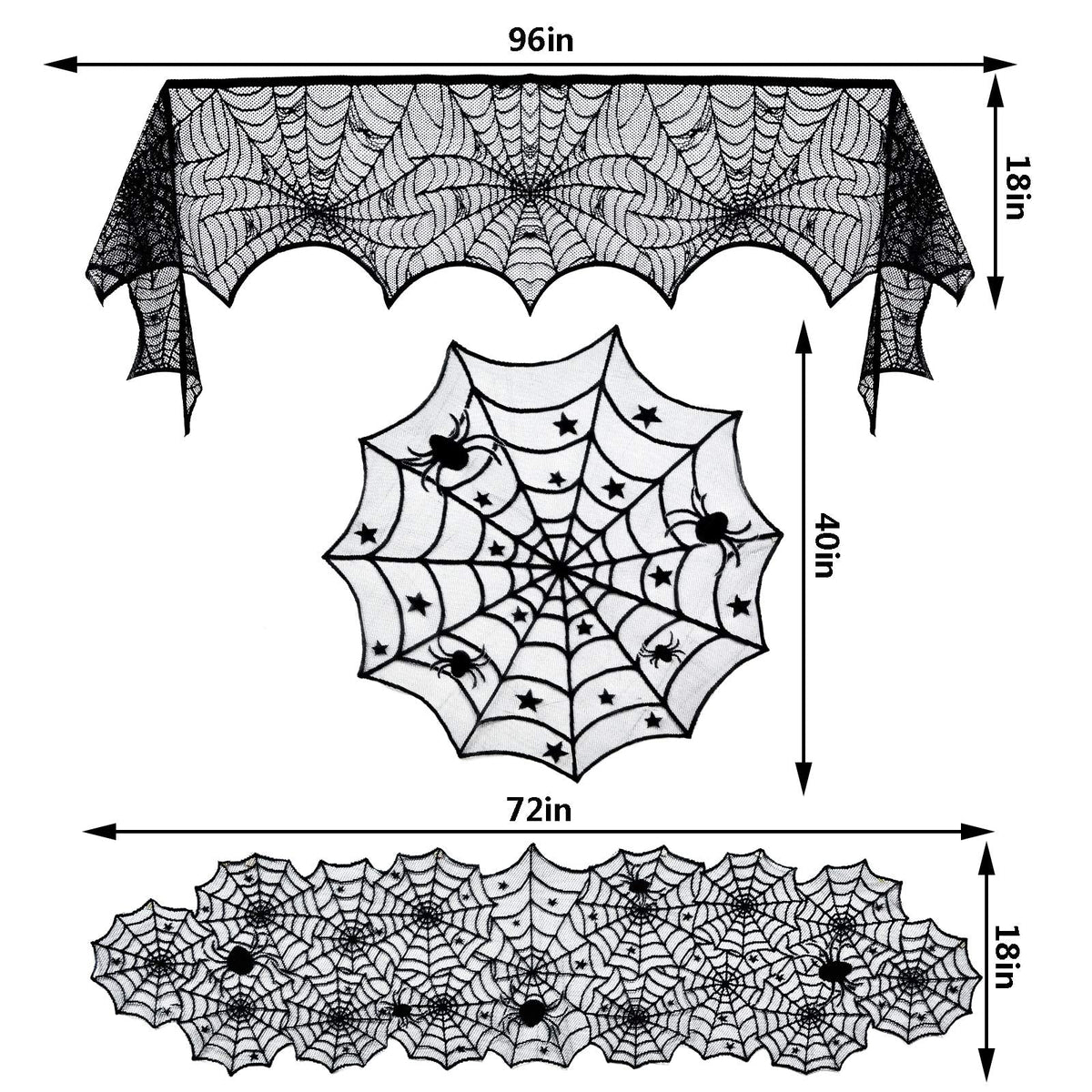 Tayfremn 3pack Halloween Decorations Set Halloween Tablecloth Black Lace Round Spider Cobweb Table Cover Fireplace Mantel Scarf Spiderweb Fireplace Scarf for Party