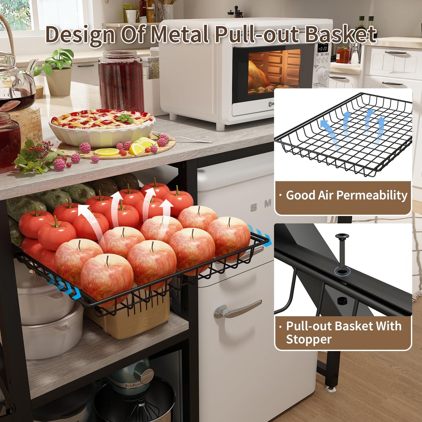 METYERRY Kitchen Bakers Rack with Power Outlet,Mini Fridge Cabinet with Mesh Basket, Mini Fridge and Microwave Table with Storage for Office,Kitchen,Living Room,Coffee Bar,Patio,Greige