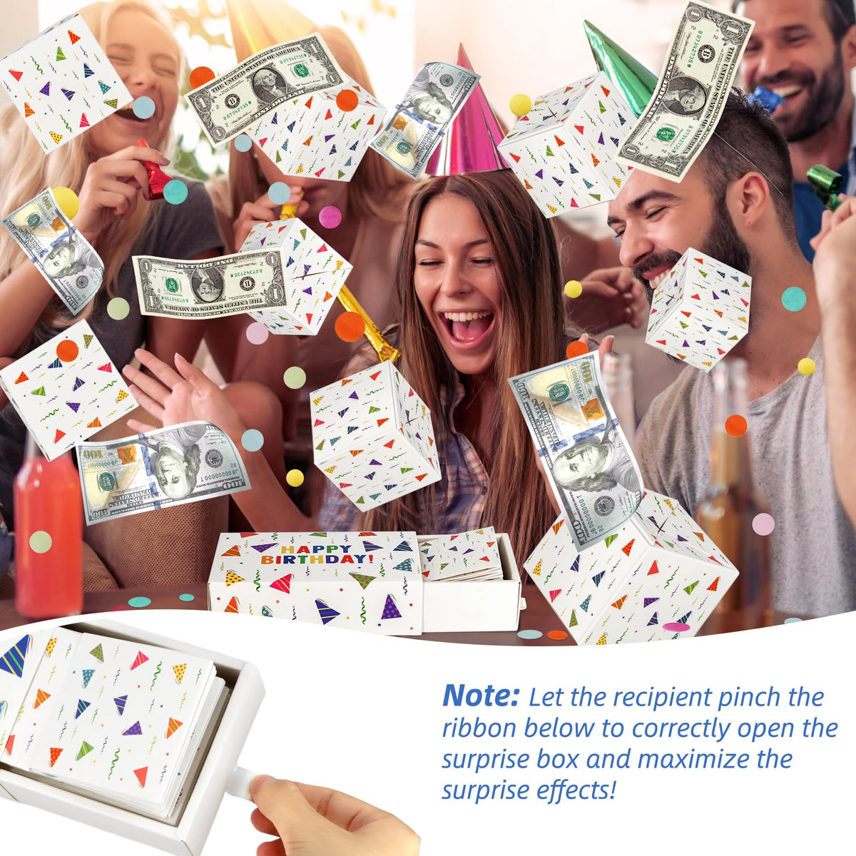 WenmthG Happy Birthday Surprise Gift Box Explosion for Money - DIY Pop Out Folding Bounce Explosion Gift Box with Confetti - Birthday Money Bank - Cash Gift Idea for Women Men Kids (White)