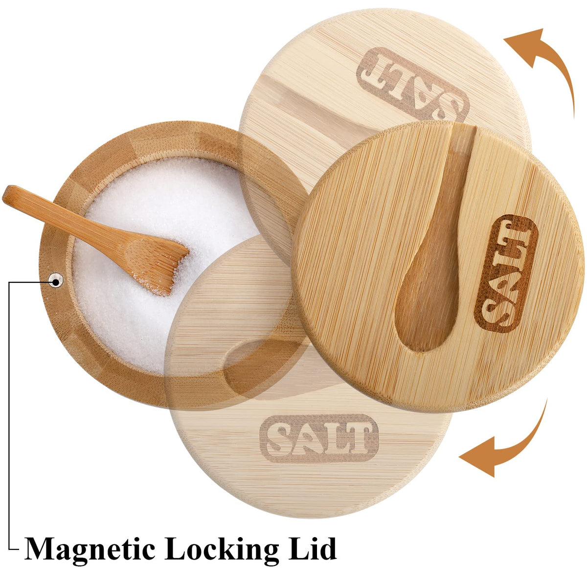 Lawei 2 Pack Bamboo Salt and Pepper Bowls, Round Salt Container with Magnetic Swivel Lids and Spoons, Bamboo Salt Cellars, Seasoning Storage Holder Box for Salt, Pepper, Sugar, Spice