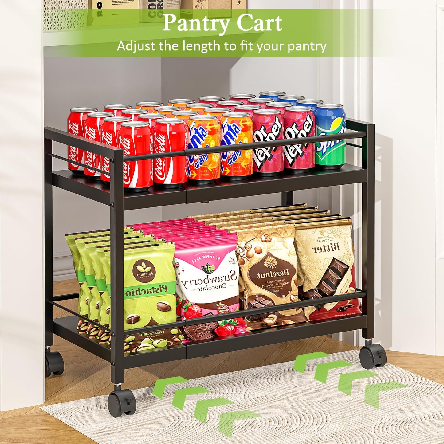 1 Pack 2-Tier Expandable Pantry Floor Organizer Cart, Rolling Pantry Storage Cart with Wheel, Adjustable Can Organizer for Kitchen Pantry, Pantry Shelves and Storage Rack for Snacks, Vegetables, Black