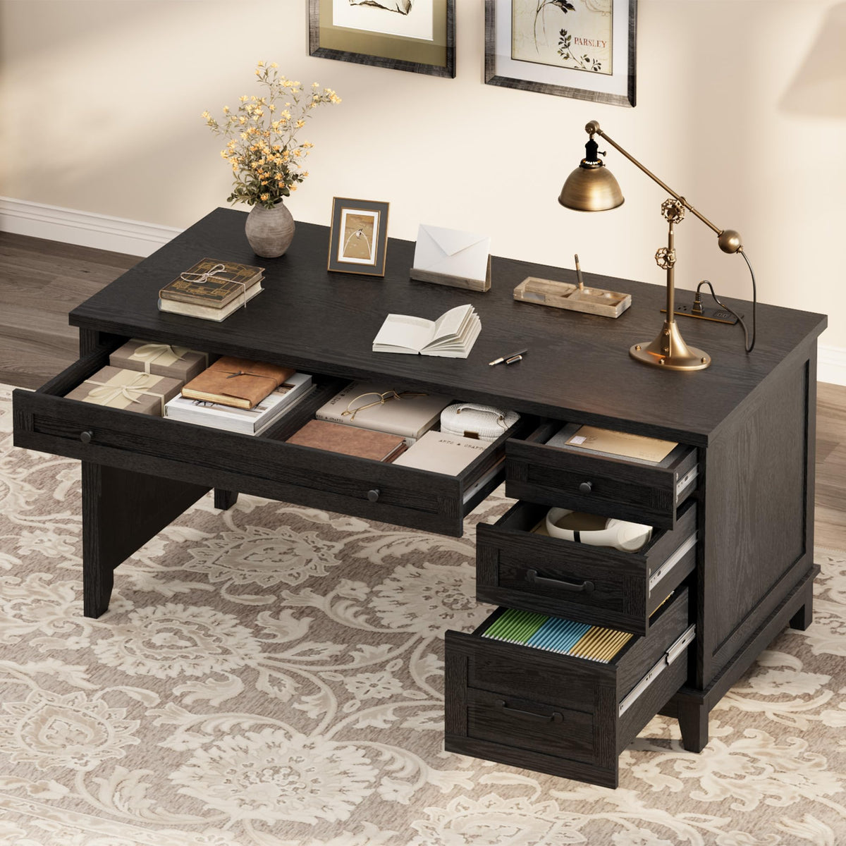 Garvee 53.5" Wooden Home Office Desk with File Drawers, Executive Desk with Power Outlet, Farmhouse Wood Desk with Storage, Distressed Study and Work Table, Rustic Black