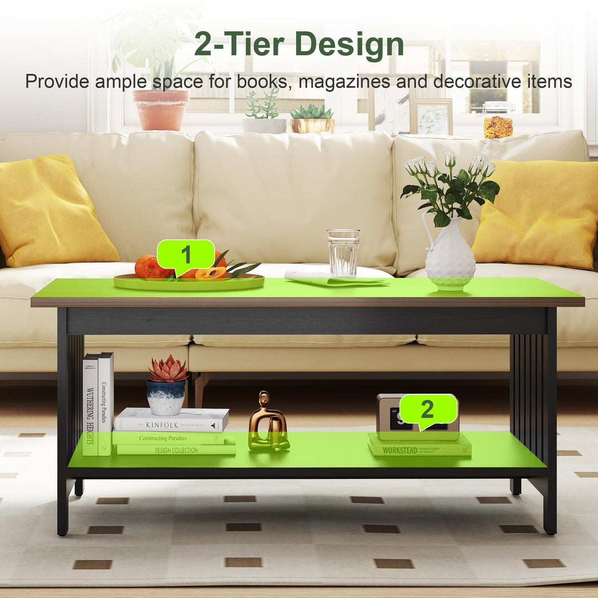 YOSHOOT 39.4" Farmhouse Coffee Table - Coffee Tables for Living Room, Small Coffee Table with Storage, Center Table for Living Room, Bedroom, Office, Black