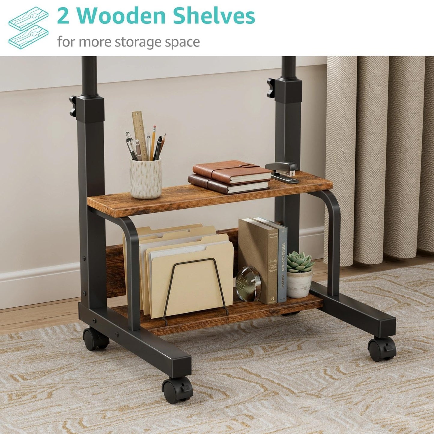 WINAZ C Shaped Rolling Laptop Desk - 24" Rustic Brown Mobile Kids Desk with Wheels for Small Spaces, Height Adjustable Overbed Table with 2-Tier Storage Shelves