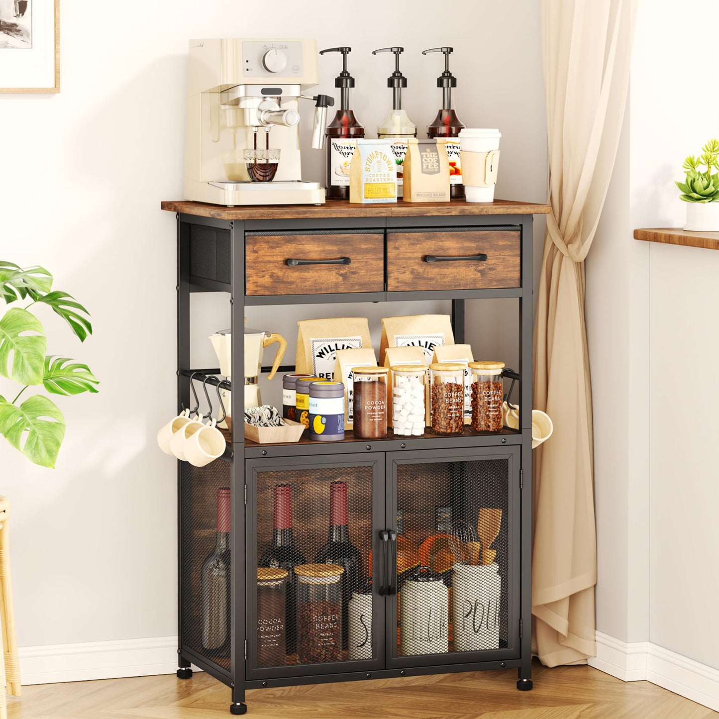 SWTYMIKI Coffee Bar Cabinet with Drawer - 20.47" Coffee Stand Station with Removable Hooks, Buffet Cabinet for Coffee Maker or Microwave, Kitchen Bar Table Storage Organizer, Espresso