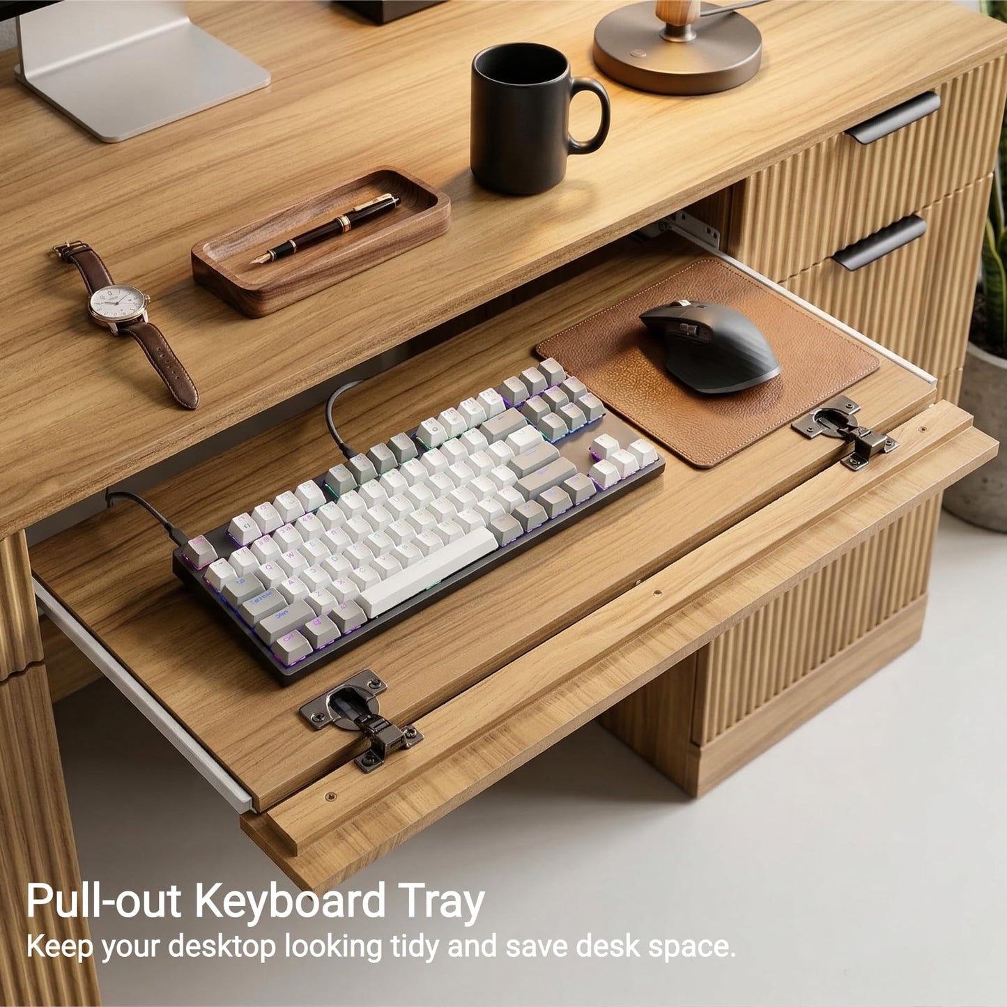 FURSUN 58" Executive Desk with Charging Station & File Drawer, Modern Fluted Home Office Desk with 5 Drawers & Keyboard Tray, Large Computer Writing Desk, Natural Oak