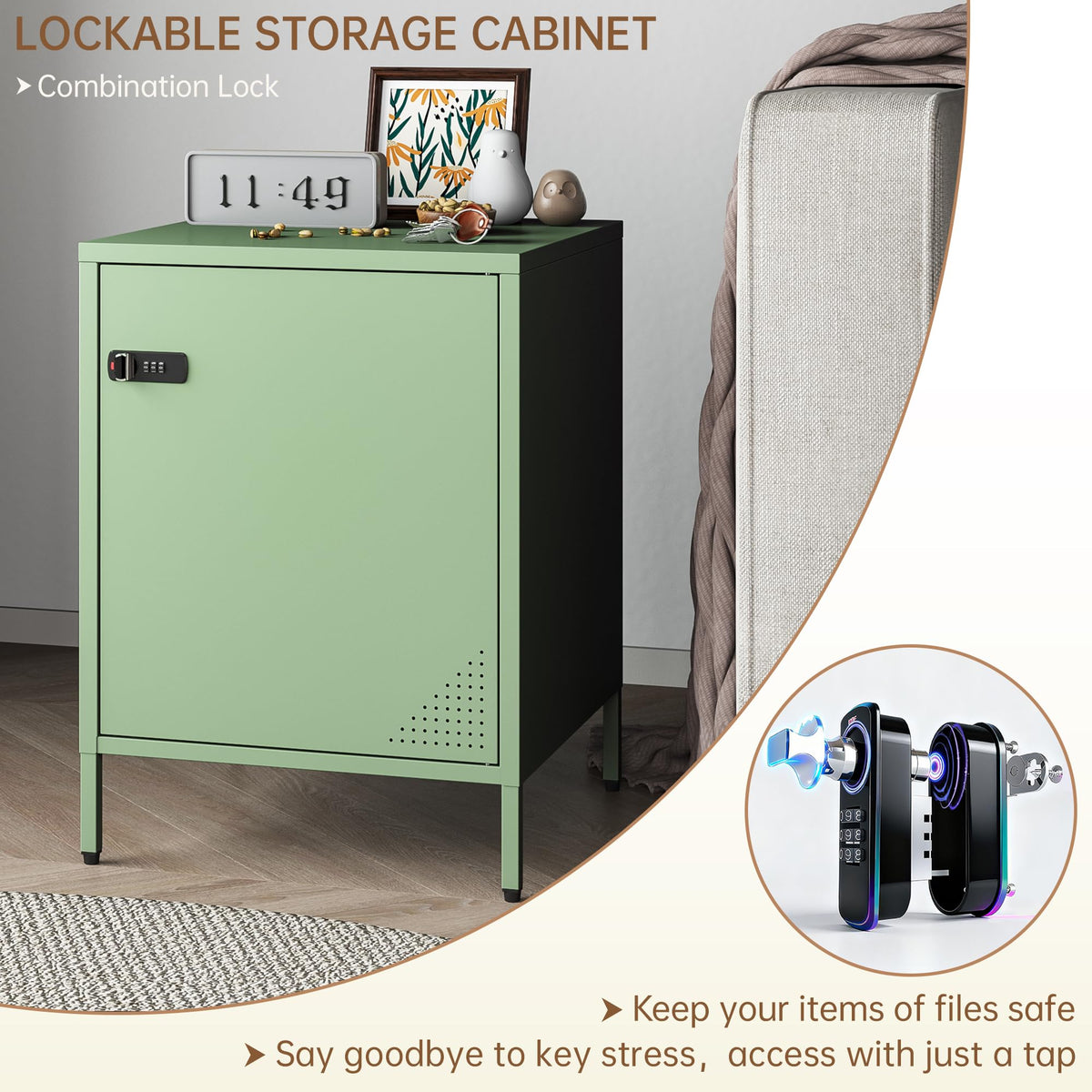 Steehoom Locker Nightstand Metal End Table Single Door Bedside Cabinet Lockable Storage Cabinet for Living Room, Bedroom, Dorm,Home, Office 21.26”H X 15.75”W X 15.75”D (1 Door, Green)