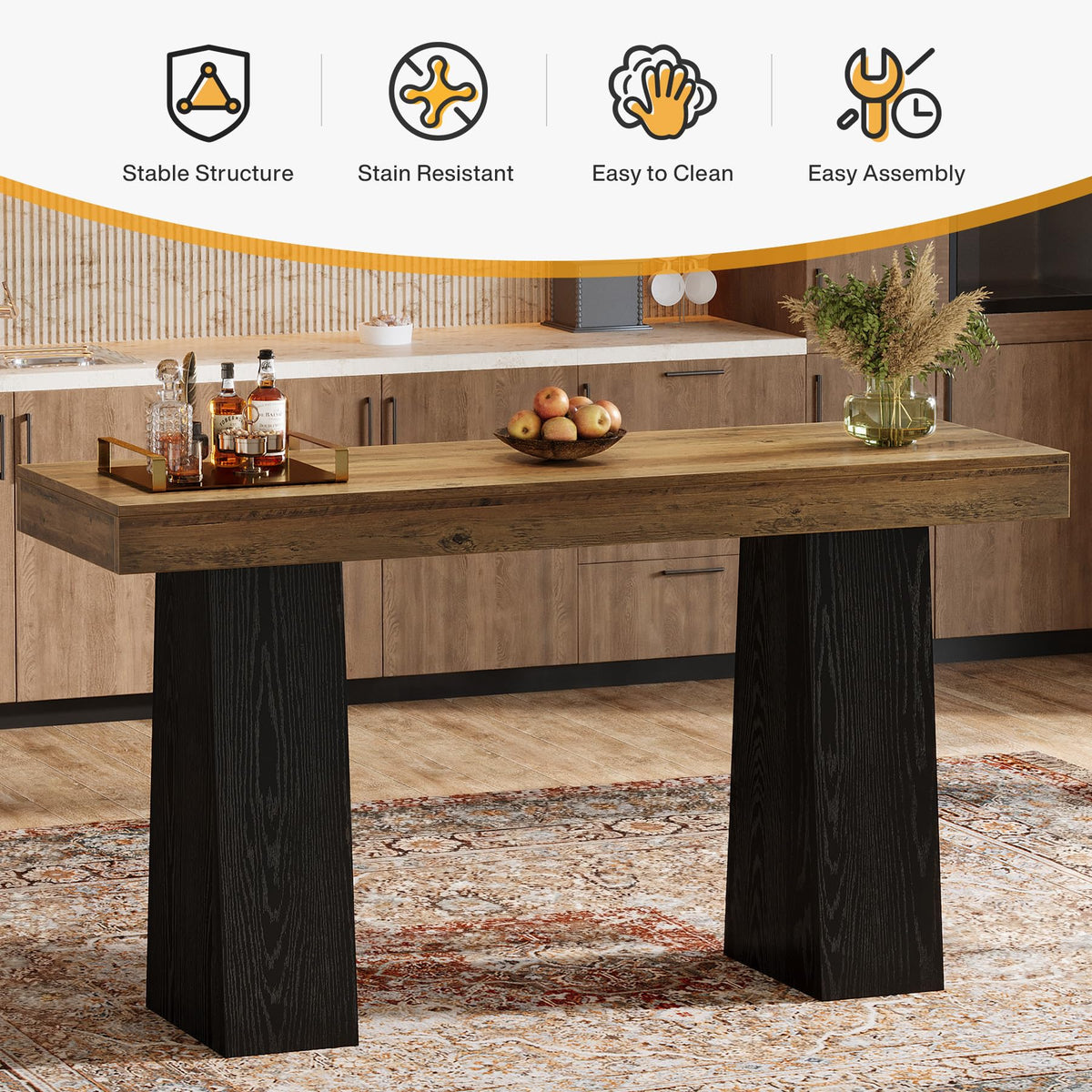 Tribesigns 63-Inch Bar Height Table, Wood Rustic Counter Height Table, Rectangular Home Bar with Thickened Tabletop and Sturdy Base for Kitchen, Dining Room, Living Room, Pub, Brown & Black (1)