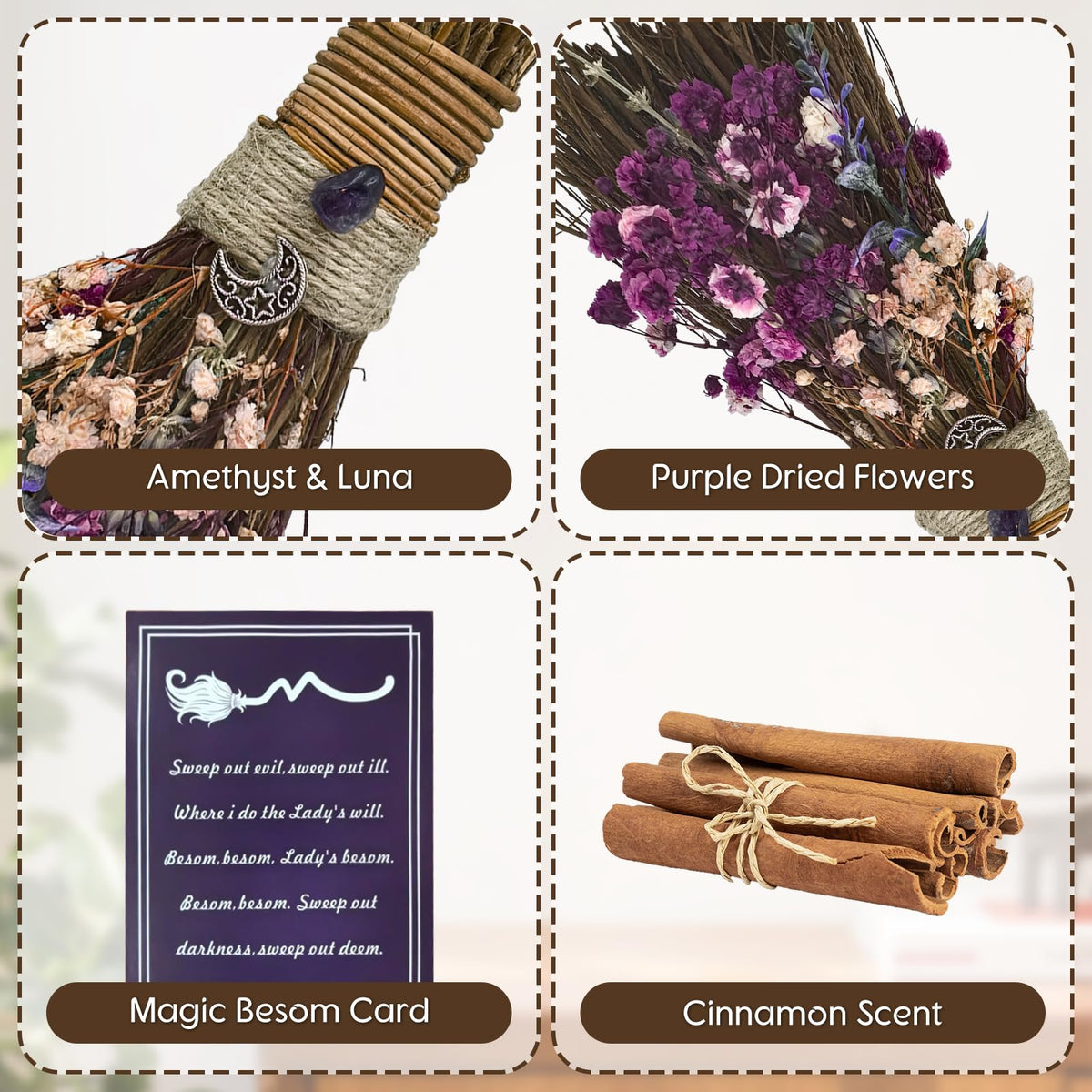 Teeloray Cinnamon Broom 7.5 Inch Witch Broom for Altar Magic Crystal Handmade Mini Cinnamon Broomstick Scented Natural Herbal Protection Witchcraft Supplies for Wiccan Décor Witchy Gifts (Purple)