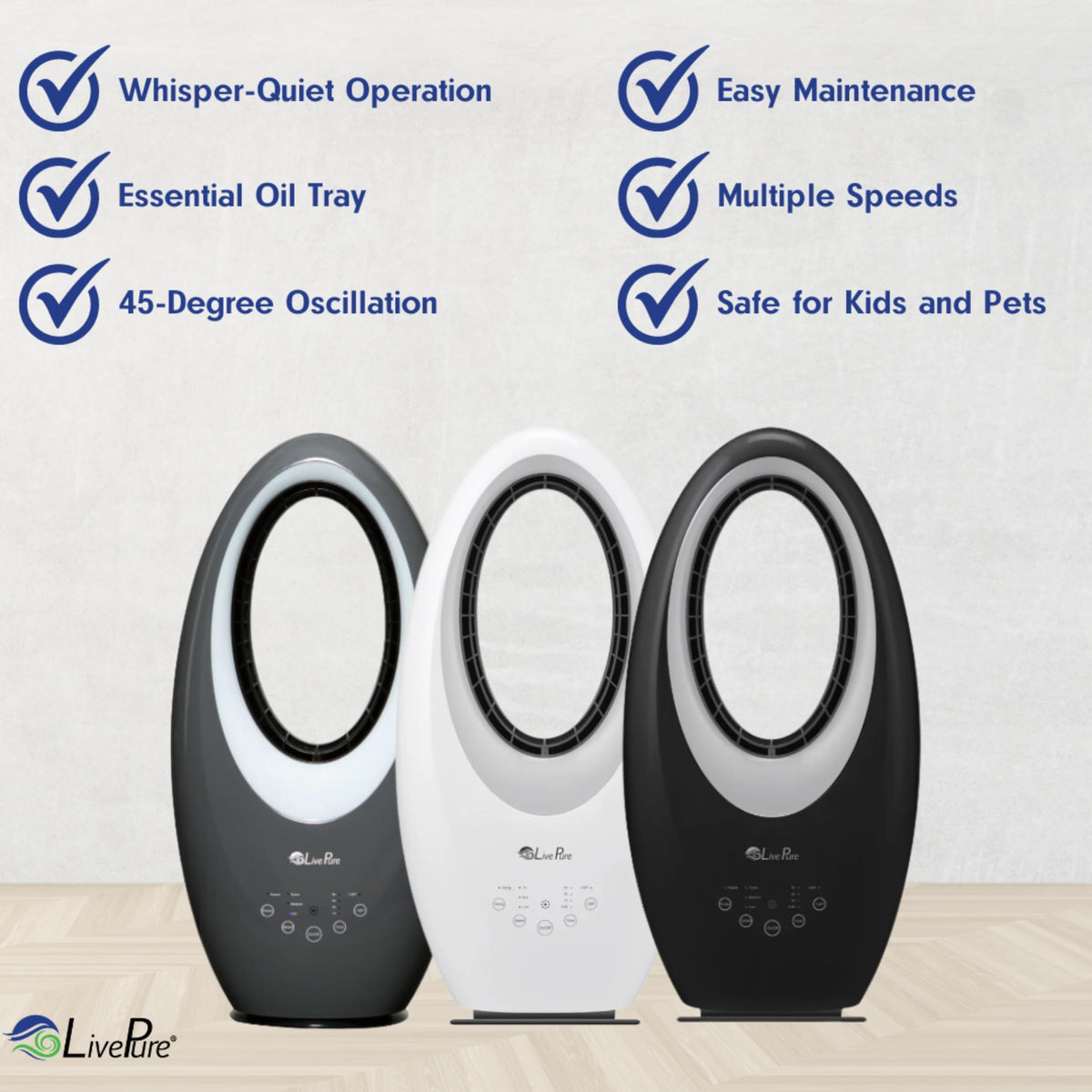 LivePure Bladeless Oscillating Fan w/Filter and Aroma Tray. 3-Speed Adjustment, Touch Control, Quiet Cooling, Stand Up Fan for Bedroom, Office, Kitchen, White