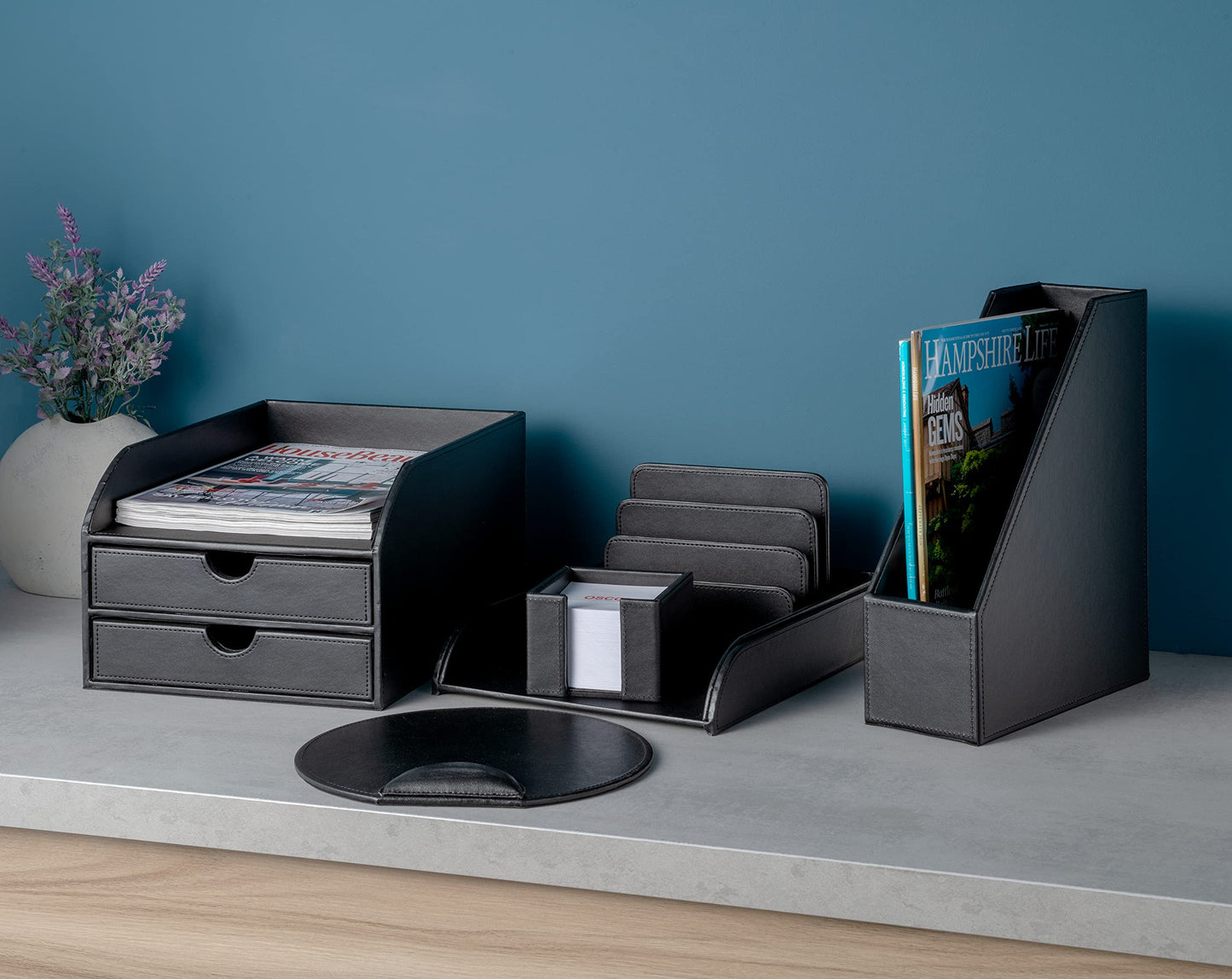 OSCO Black Faux Leather Letter Holder | Mail Sorter | Post Rack | Envelope Organiser | Document Stand | Desk File Storage | Display Slots | H14 x W17.5 D10 cm |