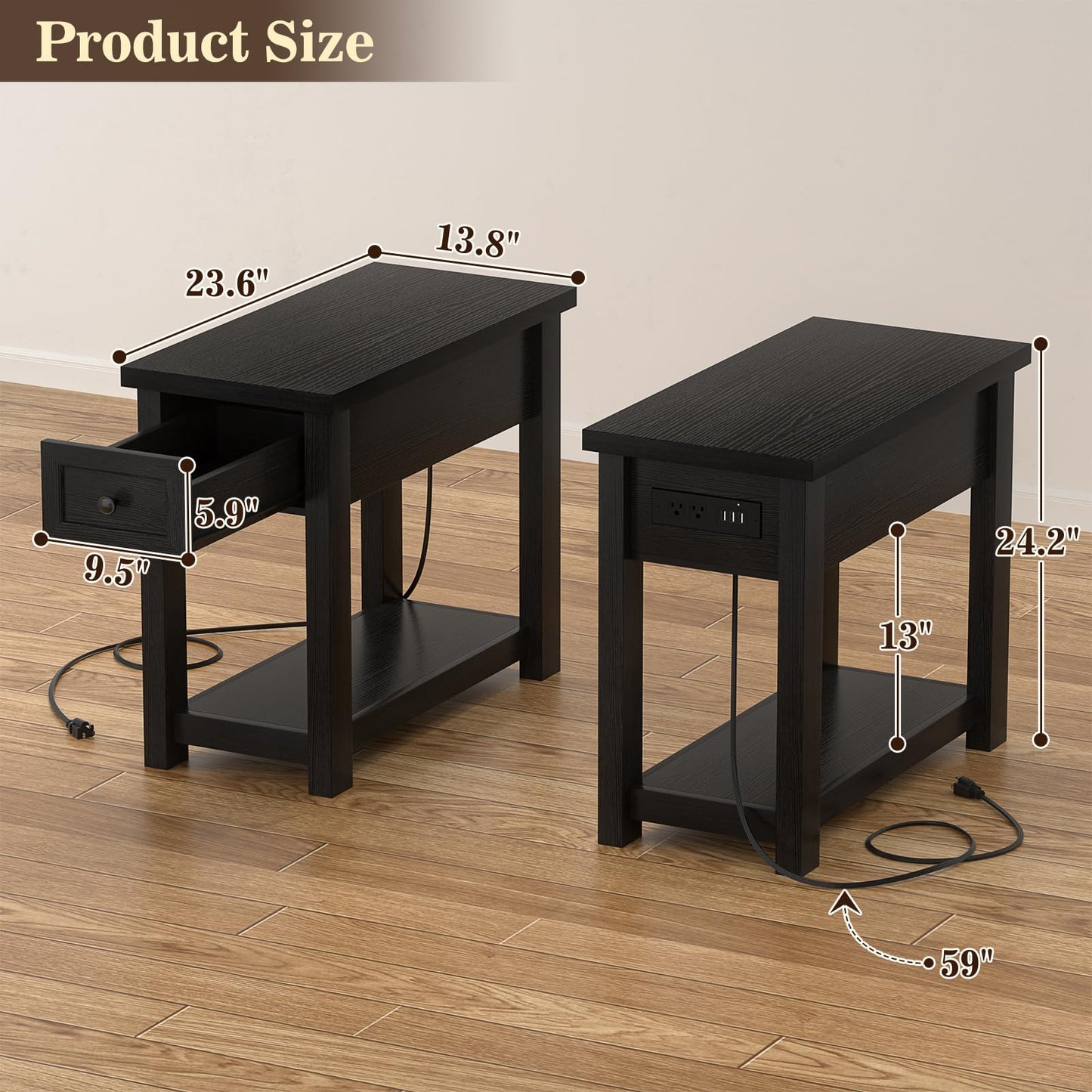 Armocity Narrow End Table with Charging Station - Farmhouse Side Table with Drawer, 14" Wide Wood Nightstand Slim Couch Bedside Table for Living Room Bedroom Small Spaces, Black