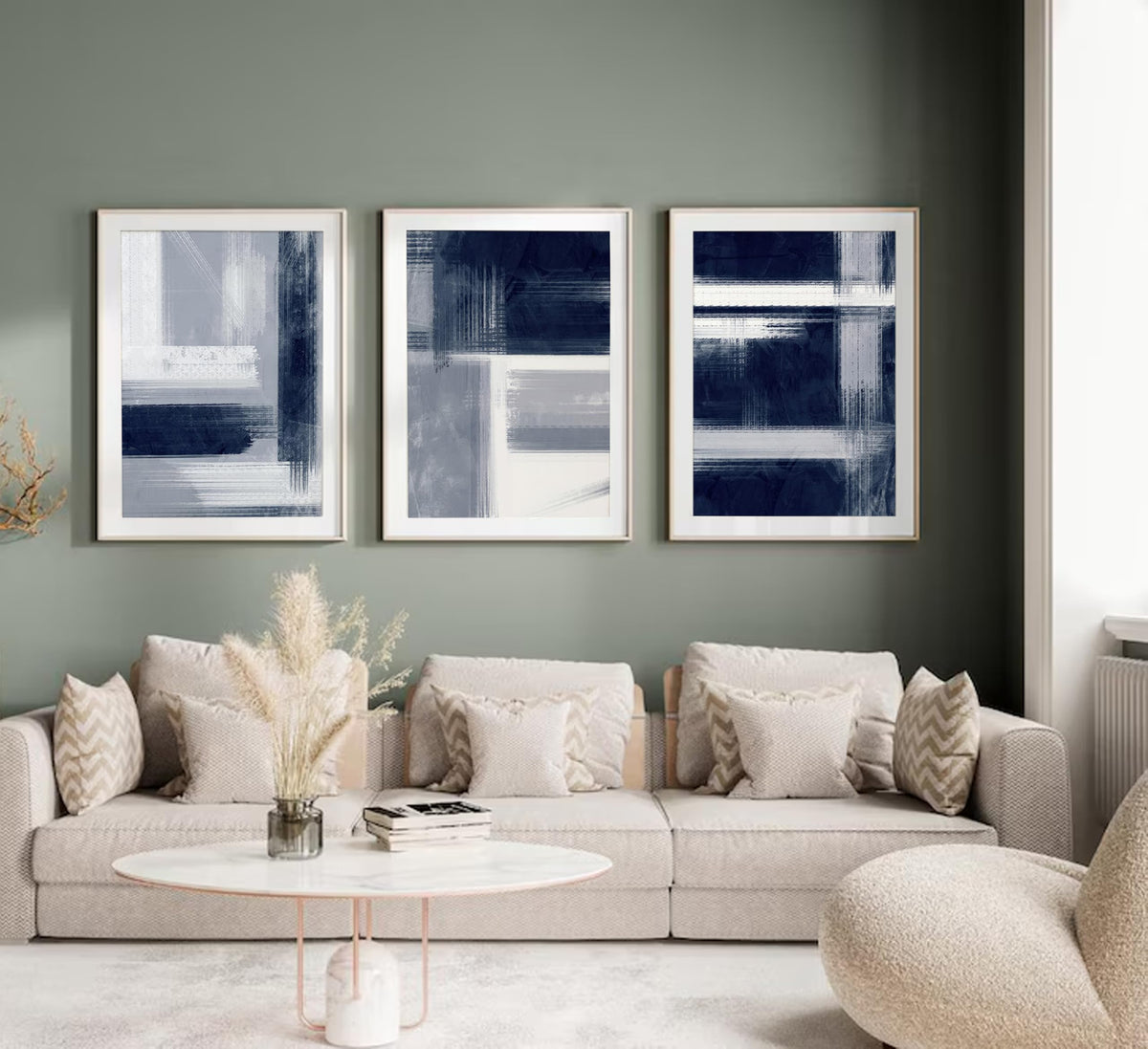 Wavkkey 3Pcs Navy Blue Abstract Wall Art Blue Grey Neutral Modern Geometric Abstract Painting Poster Wall Decor Canvas Print Artwork for Living Room Bedroom Office Home Decoration Unframed