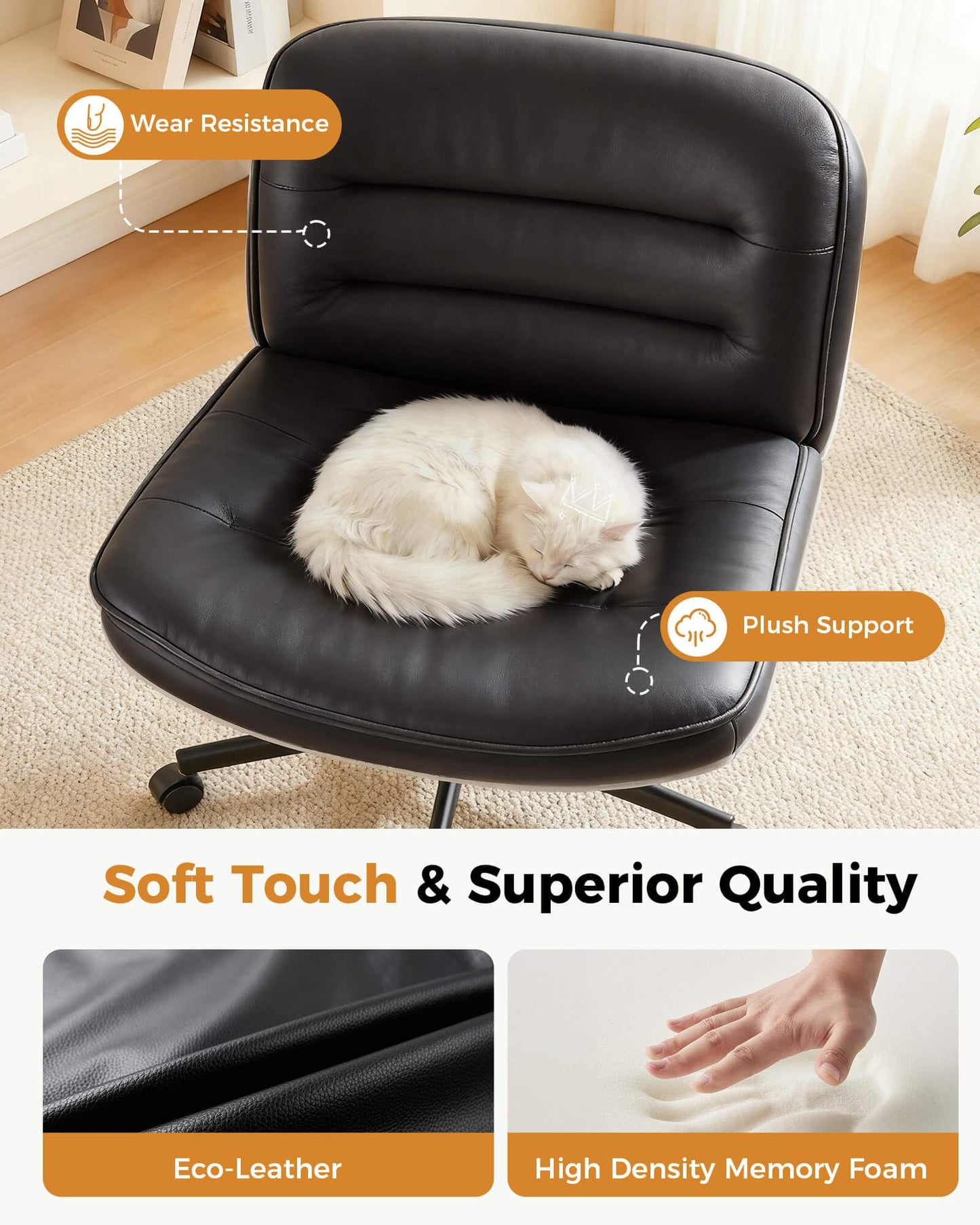 COMHOMA Cross Legged Office Chair with Wheels Armless Office Desk Chair, Modern Vanity Computer Task Chairs for Home Bedroom, Comfortable Wide Seat for Lower Back Pain Relief, PU Leahter, Black