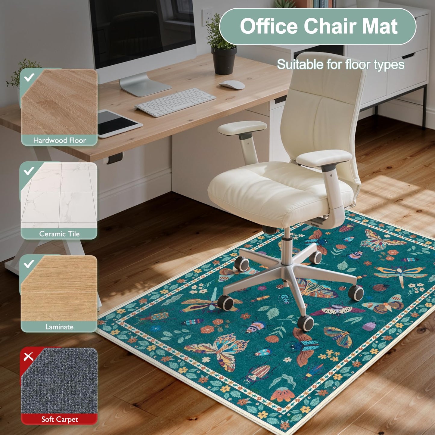 Anidaroel 36"x48" Office Chair Mat for Hardwood Floor, Anti-Slip Floor Mat for Office Chairs, Insect Print Office Rugs for Rolling Chairs, Low Pile Dark Green Desk Chair Mats for Hardwood