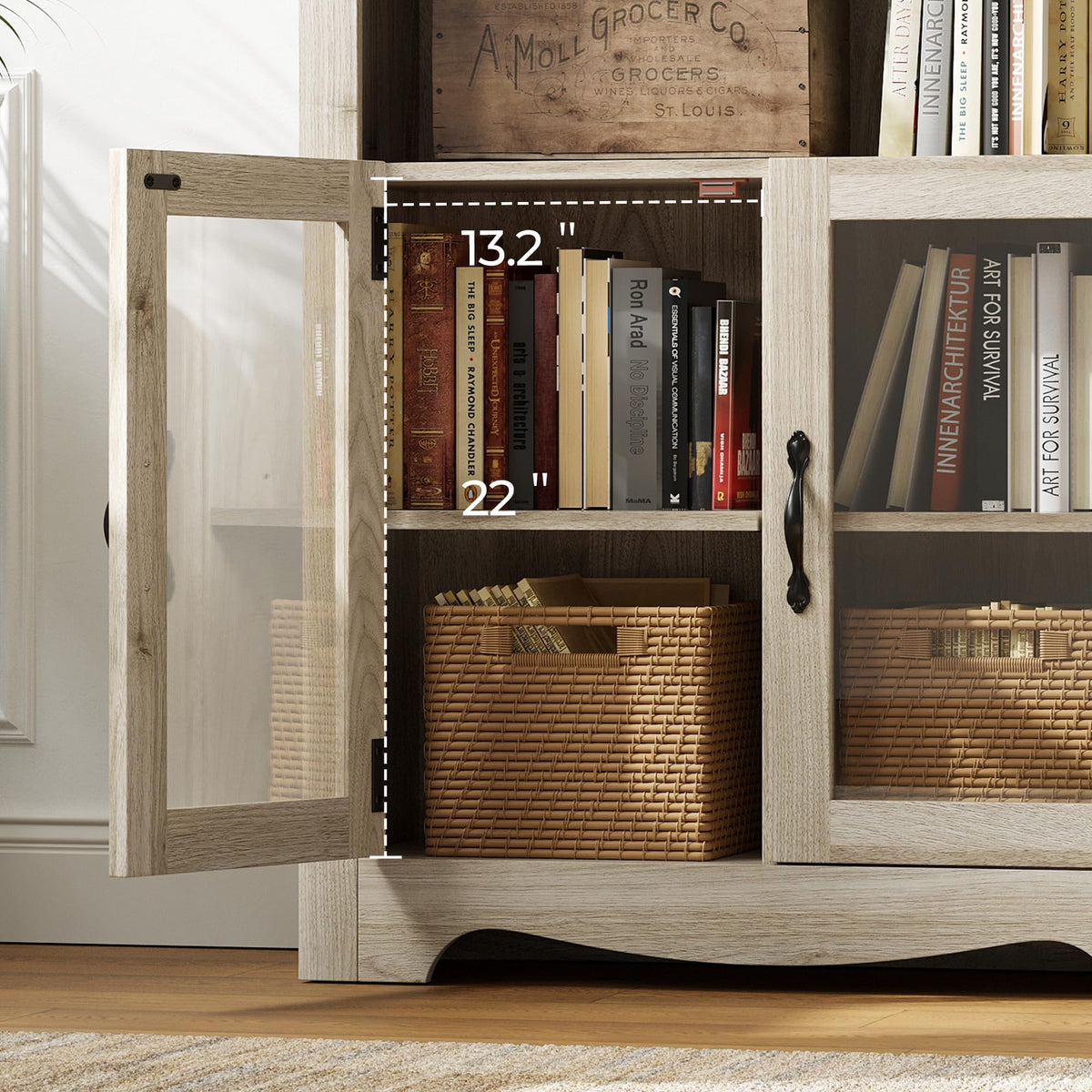 LINSY Bookshelf with Doors, 6 Shelf Bookcase Tall Bookshelves, 73" Farmhouse Book Shelf with Storage Cabinet, Wood Book Shelves for Living Room, Bedroom, Office, Rustic White