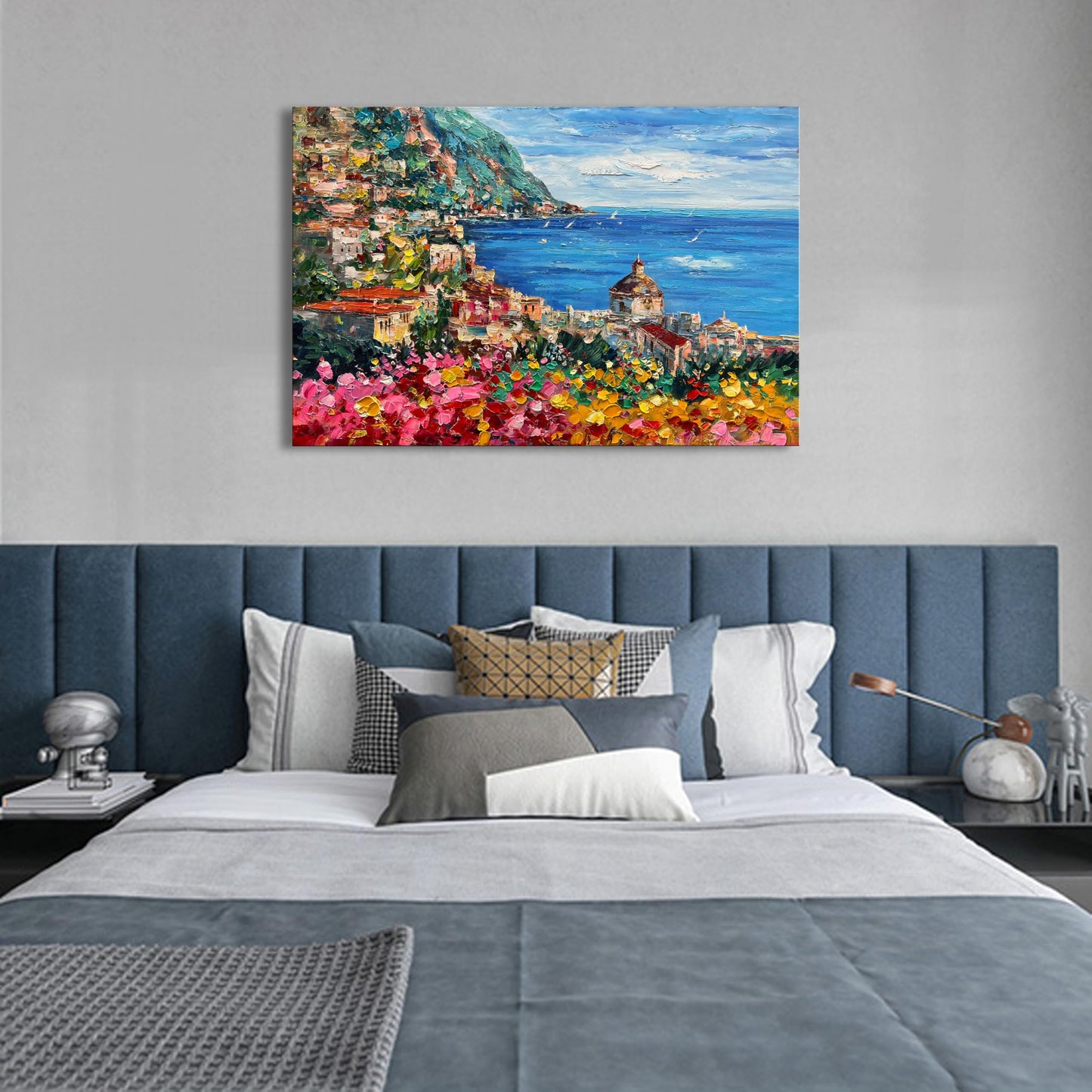 Diathou Art Hand Painted Seaside Town Landscape Oil Painting Modern Abstract Art Home Wall Deco Art 30x45 inches