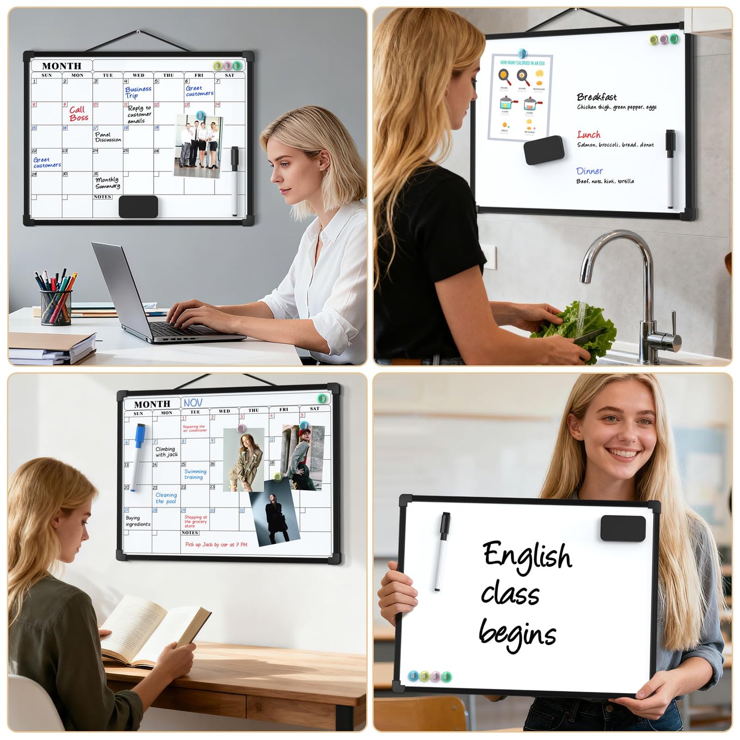 MaxGear Monthly Calendar Dry Erase Board for Wall, 16"x12" Small Hanging Double-Sided White Board, Portable Whiteboard for Planning, Drawing, Memo, to Do List, School, Home, Office, Black Frame