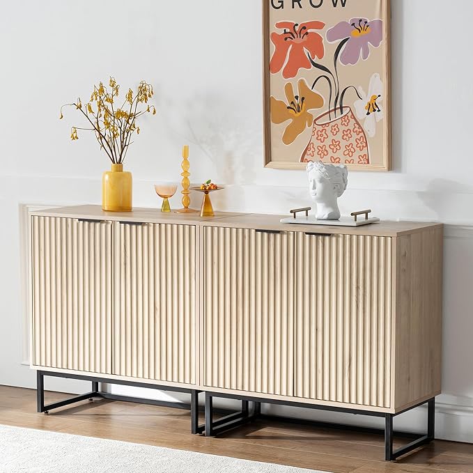 EYYTHUNG Fluted Cabinet with Storage Set of 2, Sideboard Buffet Cabinet with