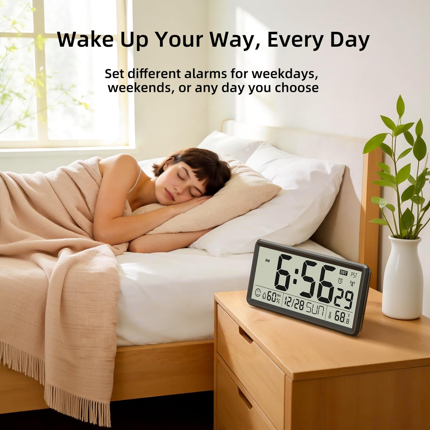 EASYERA 15'' Large Digital Wall Clock Battery Operated, Atomic Clock with Indoor Temperature and Humidity, Self-Setting with Auto DST, for Kitchen, Classroom, Living Room (Batteries Not Included)