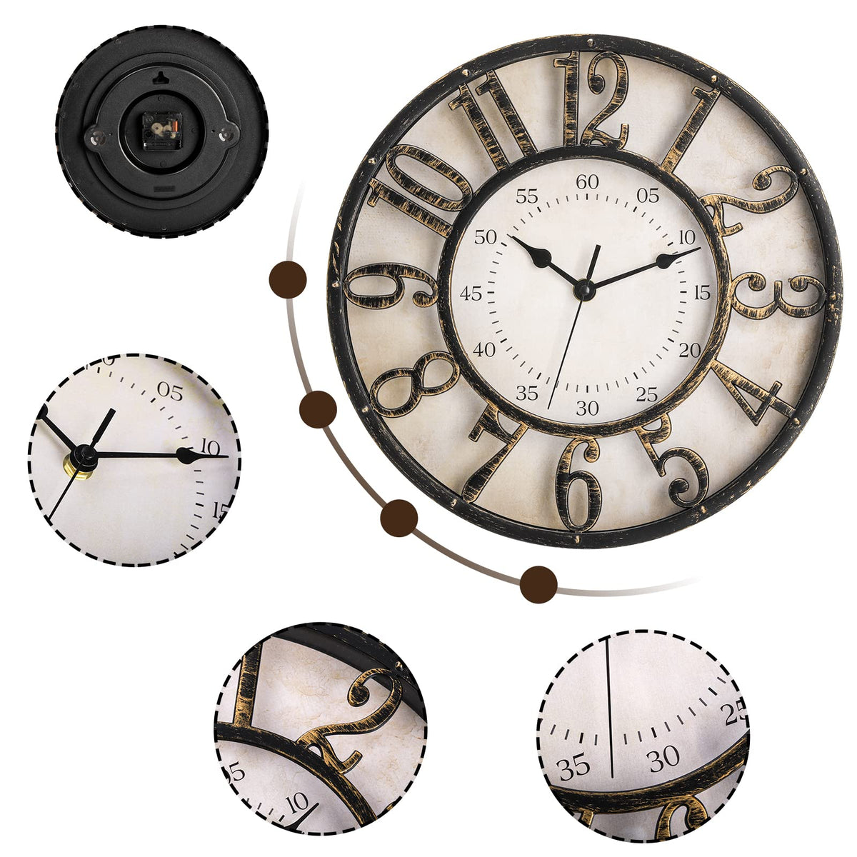 ZOOFOX 12 Inch Retro Wall Clock, Silent Non-Ticking Battery Operated Movement Decorative Round Quartz Wall Clock, Raised 3D Arabic Numeral Clock for Home, Living Room, Kitchen, Office