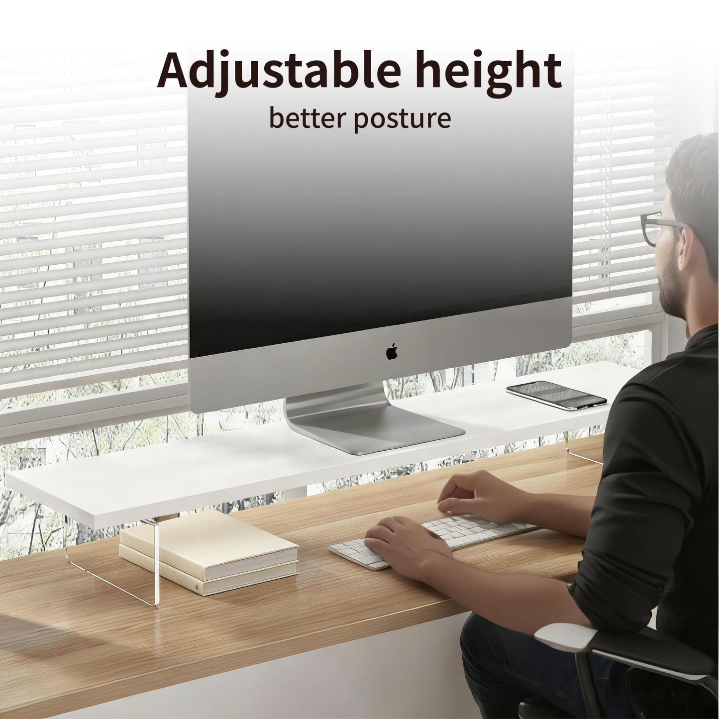 seicasaya Wood Monitor Stand Riser with Acrylic Legs, Computer Screen Stand Desk Organizer, 31.5 x 7.9 x 3.1 inch, Hold up to 66 lbs (White, 31.5"×7.9"×3.1")