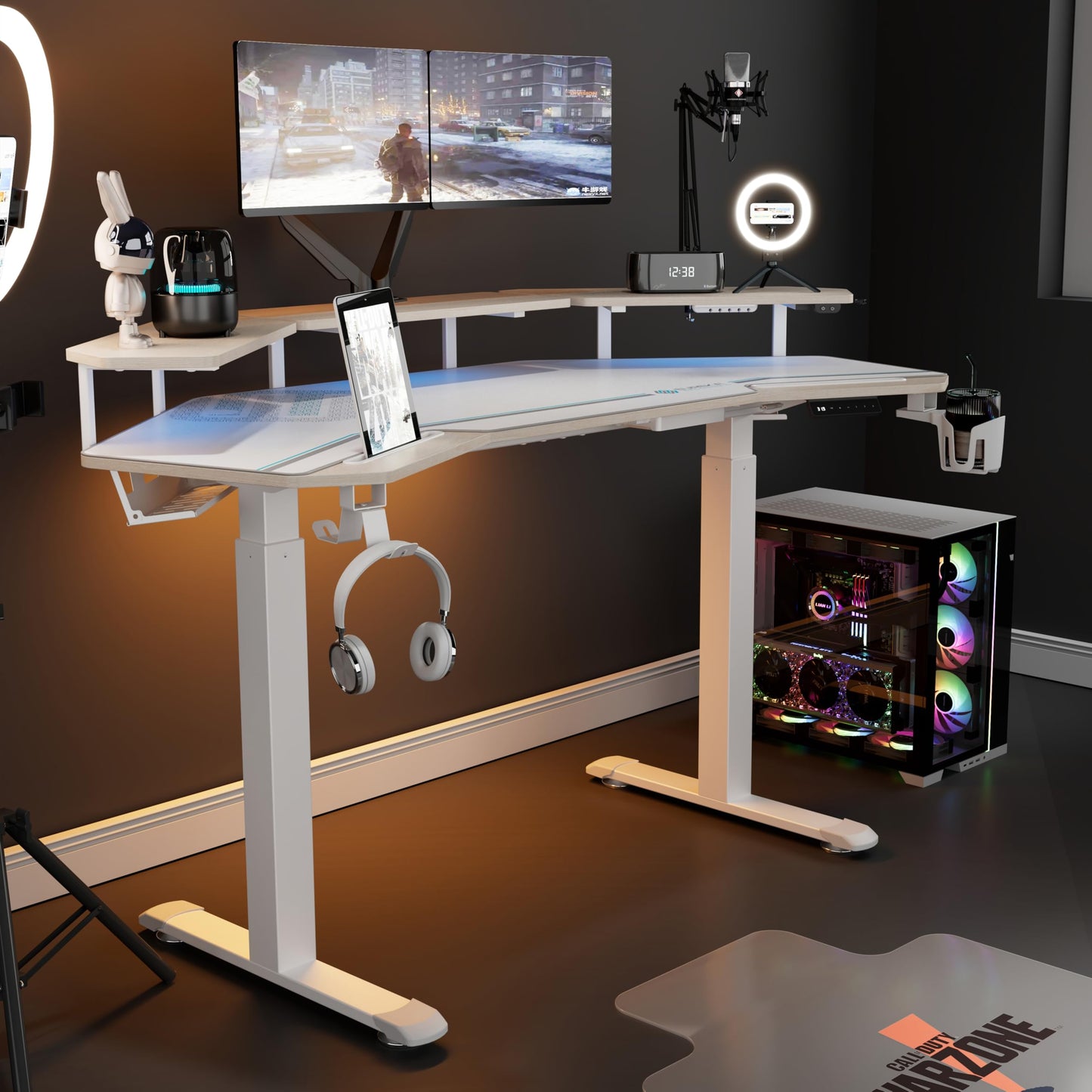 EUREKA ERGONOMIC Standing Desk,63" Electric Adjustable Height Computer Desk,Wing Shaped Music Studio Desk, LED Monitor Stands, Dual Motor&Slot, Maple