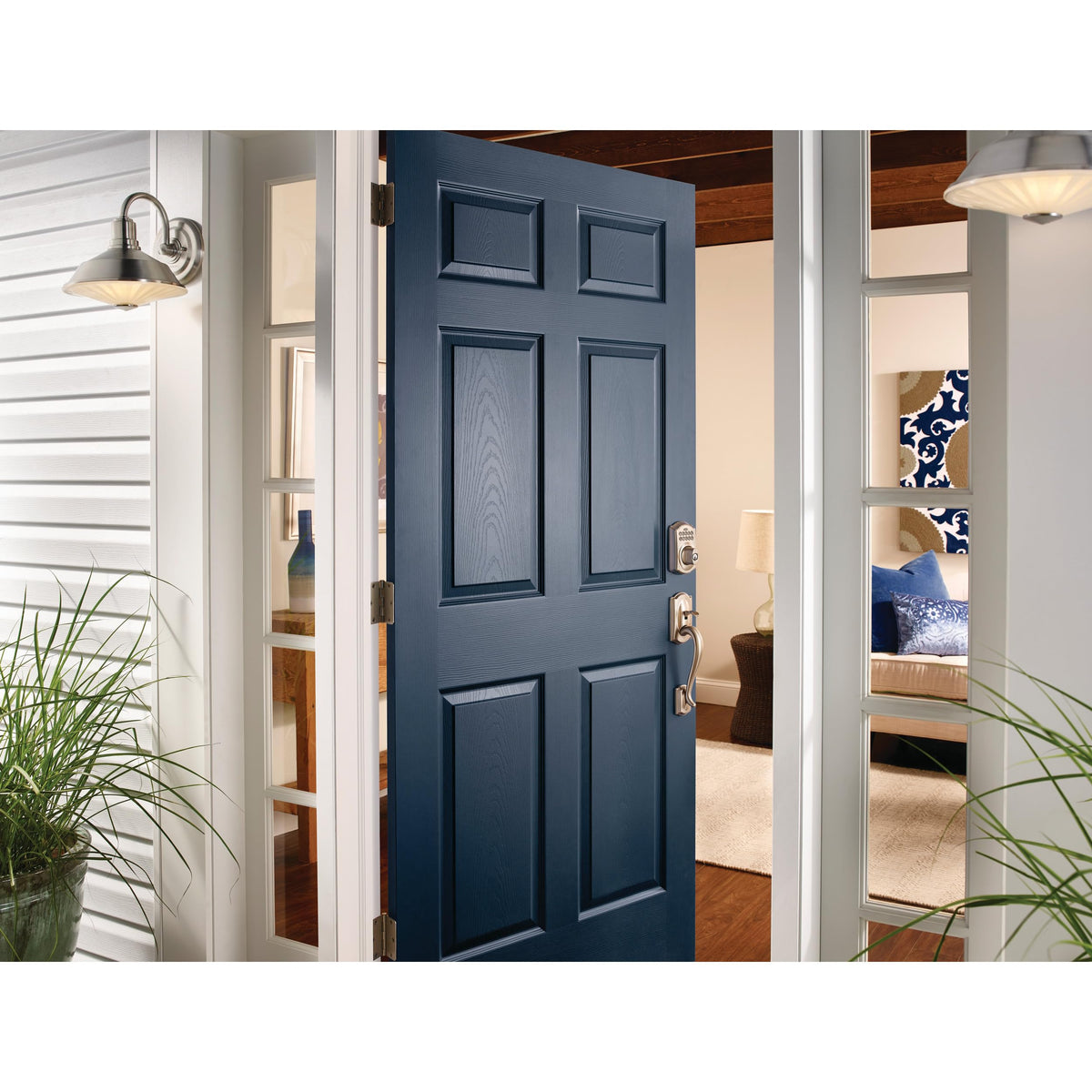 Schlage Camelot Electronic Keypad Deadbolt Lock, Keyless Front Door Entry, Mechanical Key Backup Included, Satin Nickel, BE365 V CAM 619