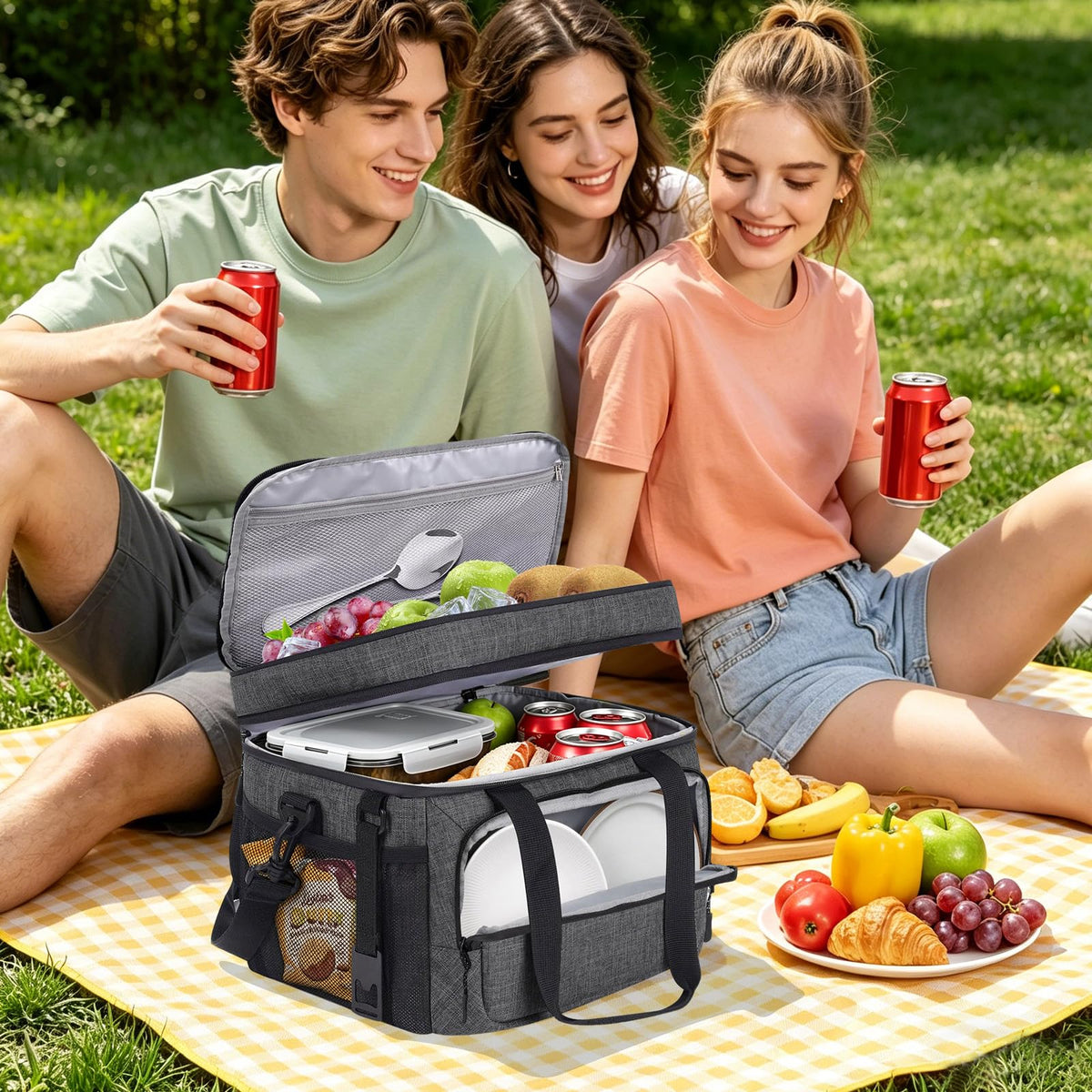 BAVGRED Insulated Lunch Box for Adults, 24 Cans Large Cooler Bag with Double Deck, Leakproof Waterproof Lunch Bag with Adjustable Strap for Work Office Picnic Beach