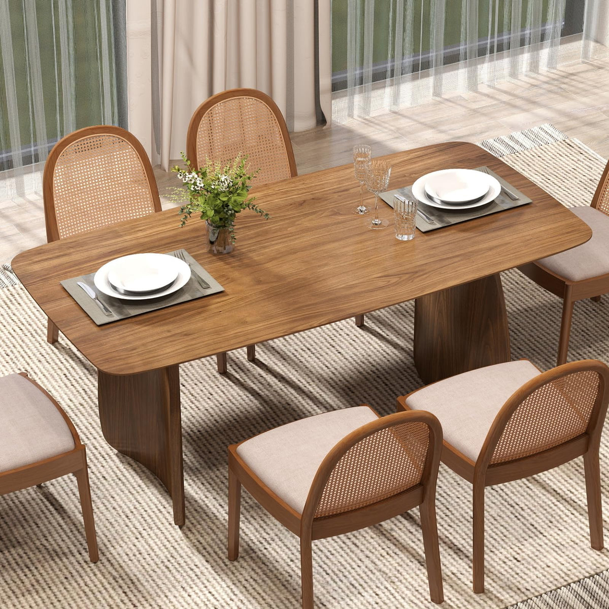 LukeAlon Modern Wooden Dining Table for 6 to 8 People, 71" Large Kitchen Dining Table with Wood Pedestal Base Mid Century Walnut Rectangular Long Dinner Table for Home Dining Room Restaurant, Brown