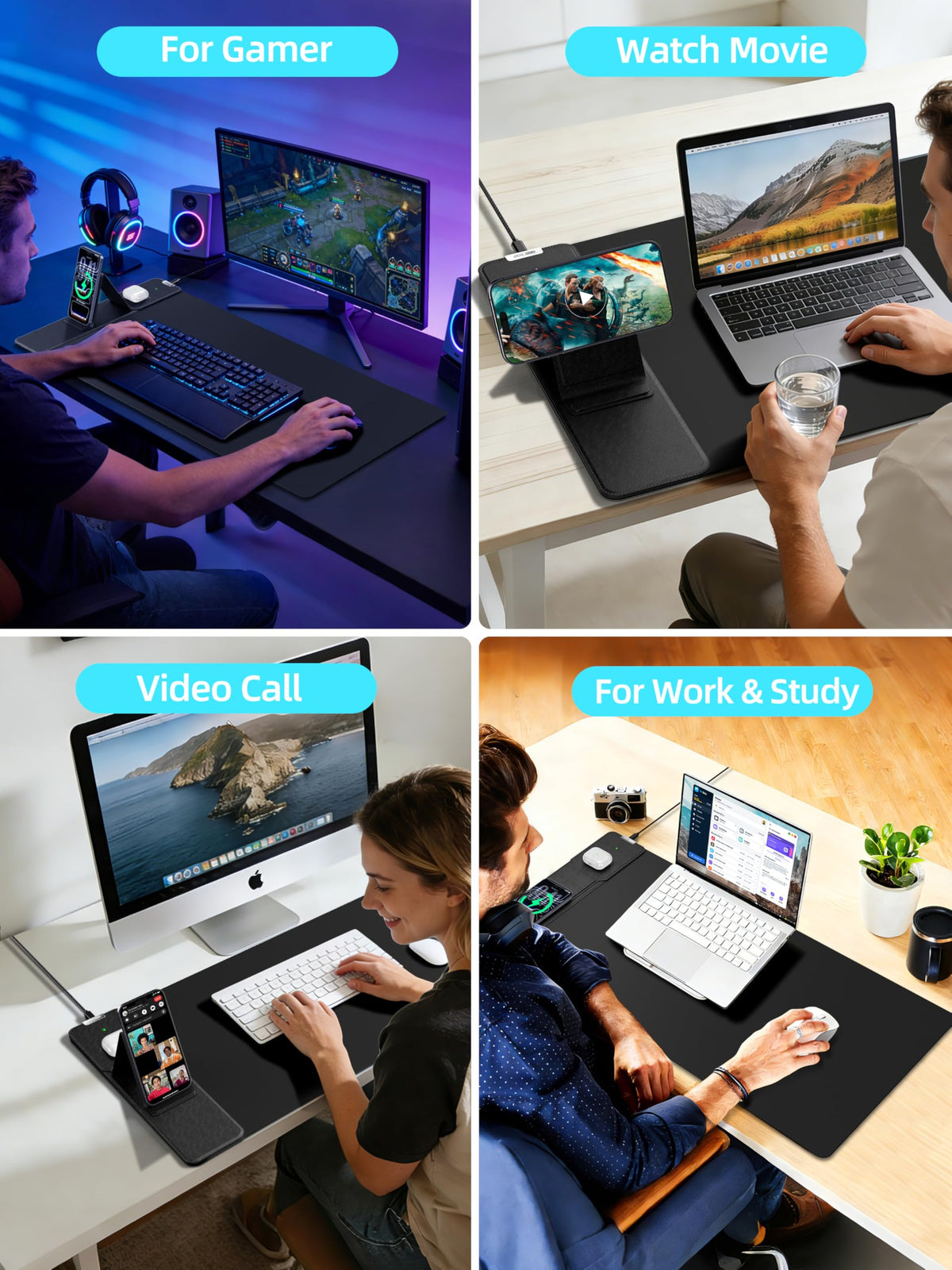 Mouse Pad with Magnetic Wireless Charging & Adjustable Phone Stand, 31.5"x15.8" Extended Desk Mat, Waterproof Ultra-Smooth Keyboard Pad, Non-Slip Base, Black