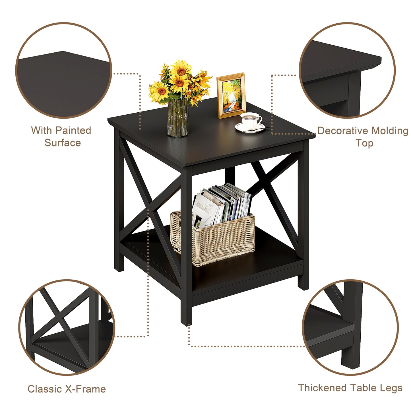 ChooChoo End Table, 24 Inch End Table with 2-Tier Storage Shelf, Side Table for Living Room, Wood Nightstand for Bedroom, Office, Painted Surface, Black