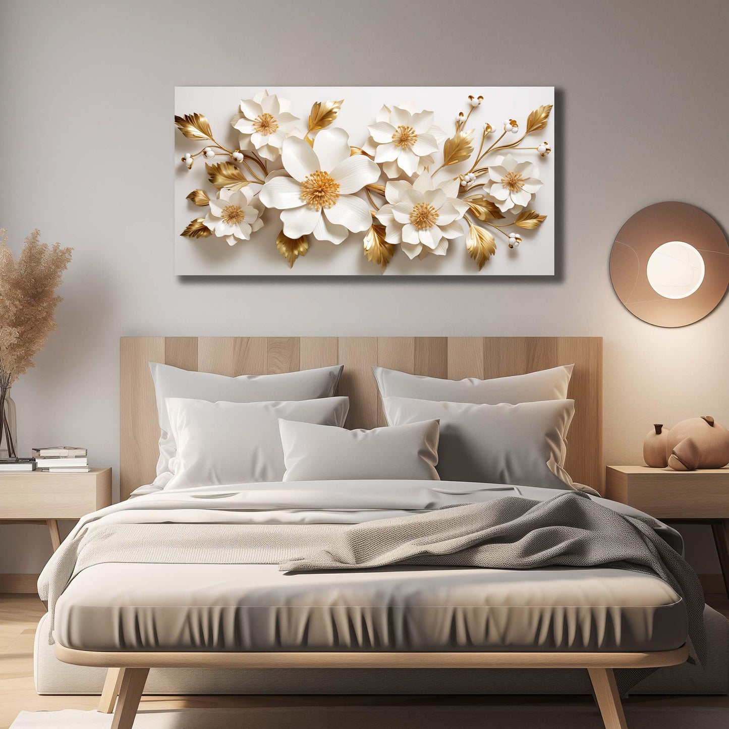 JuhaiArt Gold Wall Decor White 3D Floral Wall Art Elegant Flower Canvas Decor for Bedroom Living Room Office Picture Artwork 24" x 48"