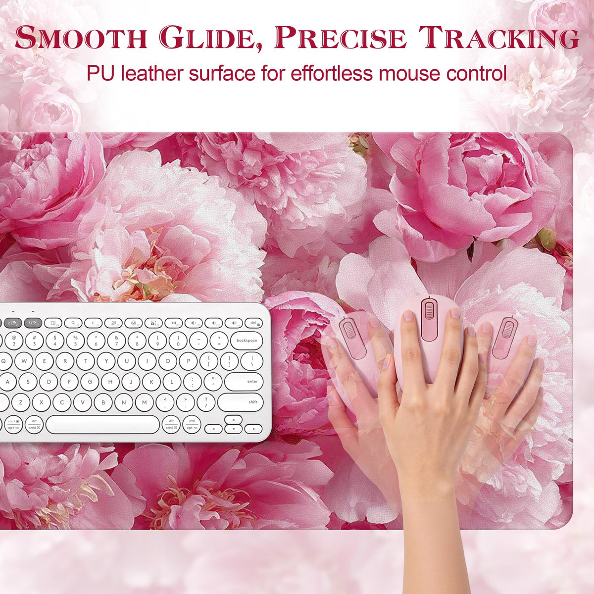 UGYAZX Desk Mat Desk Pad for Keyboard and Mouse, 31.5 x 15.7 in, Pink Peony Floral PU Leather Computer Protector, Non-Slip Base, Waterproof, Easy Clean for Office Gaming, Mouse Pad