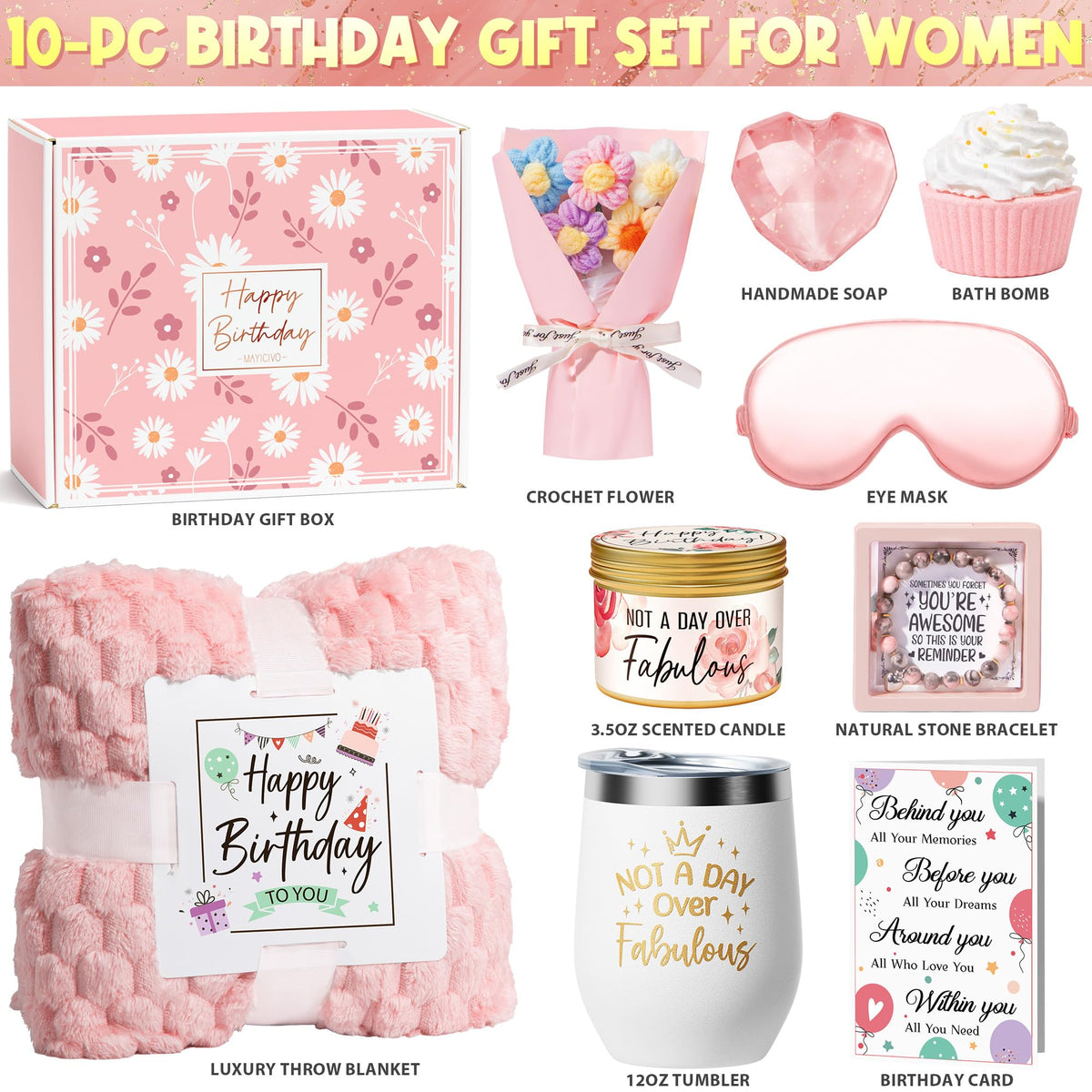 Birthday Gifts for Women Friendship, Unique Happy Birthday Gifts Basket for Mom Her Best Friend Sister Wife Girlfriend Coworker, Luxury Self Care Box Rose Relaxing Spa Gifts Set for Women with Blanket