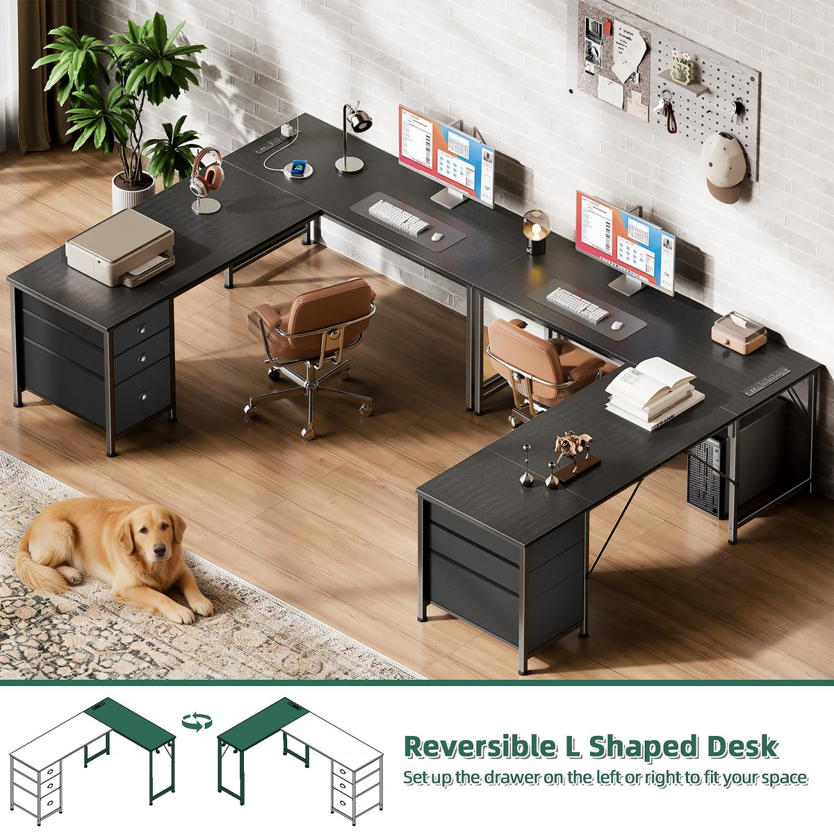 Furologee 63" L Shaped Computer Desk with Power Outlet & USB-C Port, Reversible Home Office Desk with 2 Fabric Drawers, File Cabinet, Hooks, Large Corner Table for Gaming, Writing, Work, Black