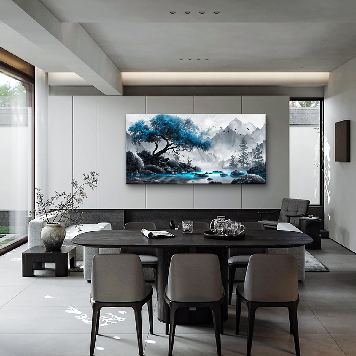 Lapremoly Black And White Wall Painting Canvas Art For Living Room, Office, Bedroom - Blue Tree Landscape Pictures - Hotel Artwork Posters - Family Home Wall Decoration