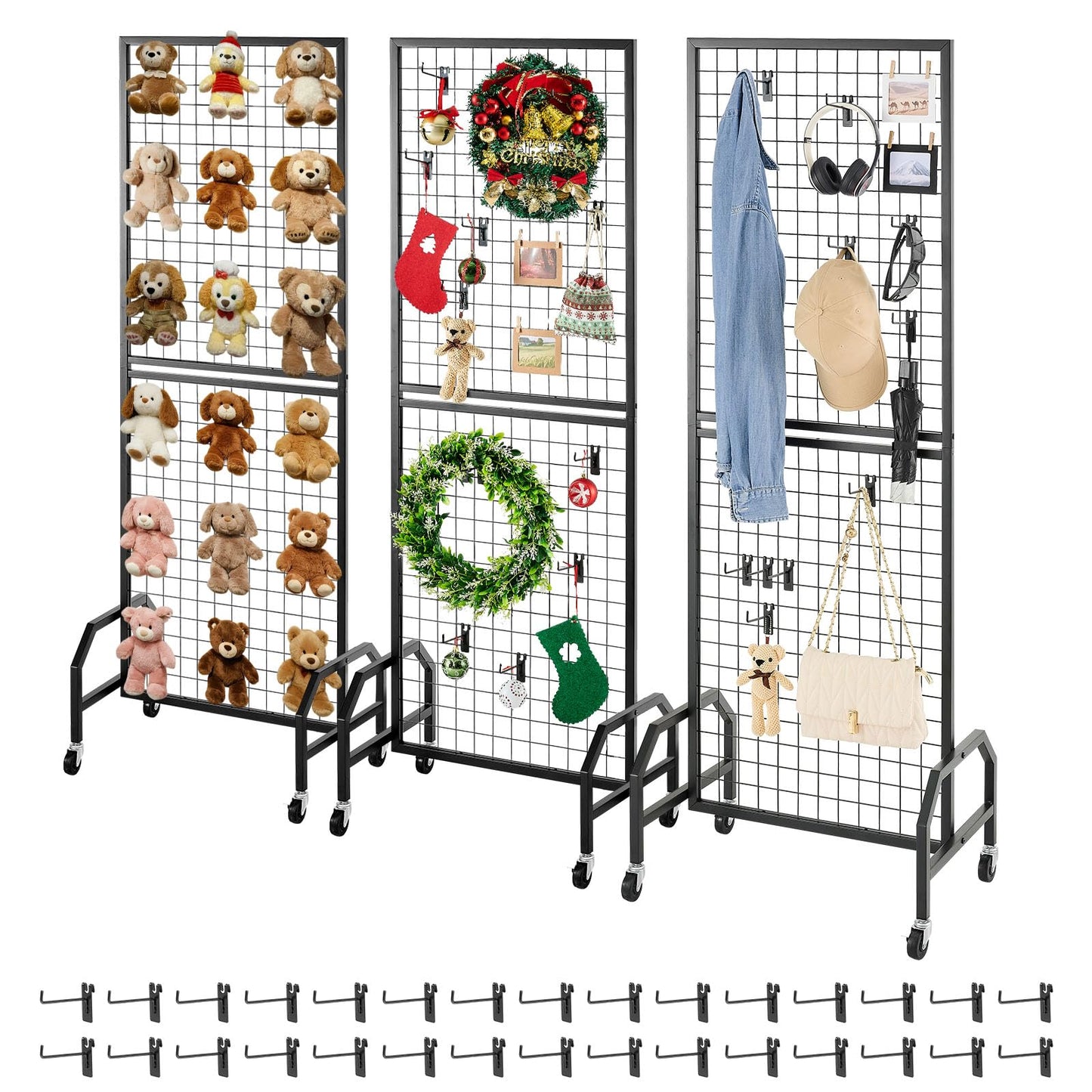VEVOR 3 Packs Grid Wall Panels, 1.9 x 5.4 ft Wire Grid Panels Display Rack, Movable Art Display Shelf with Wheels and 30 Hooks, Black Carbon Steel Gridwall for Craft Show, Decor, Storage, Notice Board