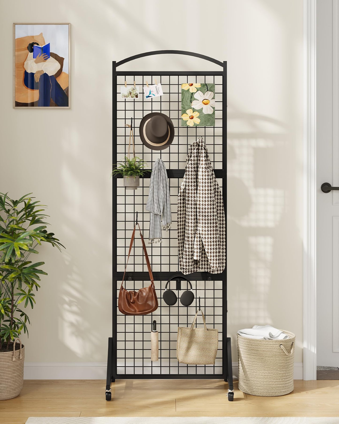 CHOEZON Foldable Grid Wall Panel 1.9' x 5.6' FT, Movable Gridwall Display Rack, Wire Grid Rack on Wheels, Retail Display Stand, with 4 S-Shaped Hooks and 4 Garment Hooks, Black TCJ37BB