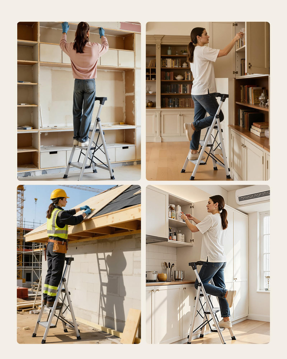 VEVOR 3 Step Ladder, Folding Step Stool with Wide Anti-Slip Pedal and Comfort Handgrip, 330 lbs Capacity Portable Aluminum Stepladder, Multi-Use for Kitchen, Warehouse, Household and Office, Silver