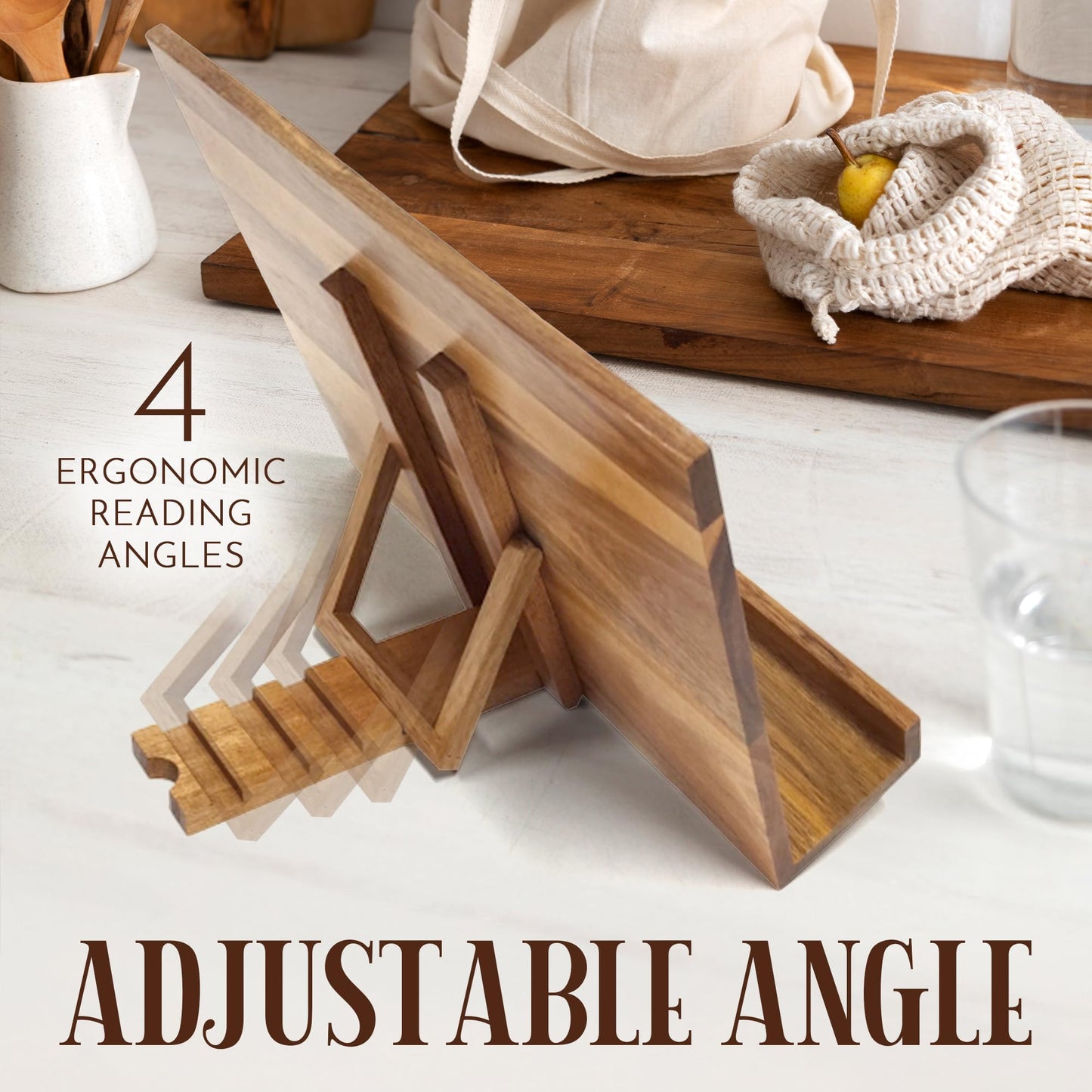 Wooden Cookbook Stand – Solid Acacia Recipe Book Holder for Kitchen Counter | Bamboo Phone Holder Included | 4 Ergonomic Angles | Foldable iPad & Tablet Stand | Gift-Ready Set with Box