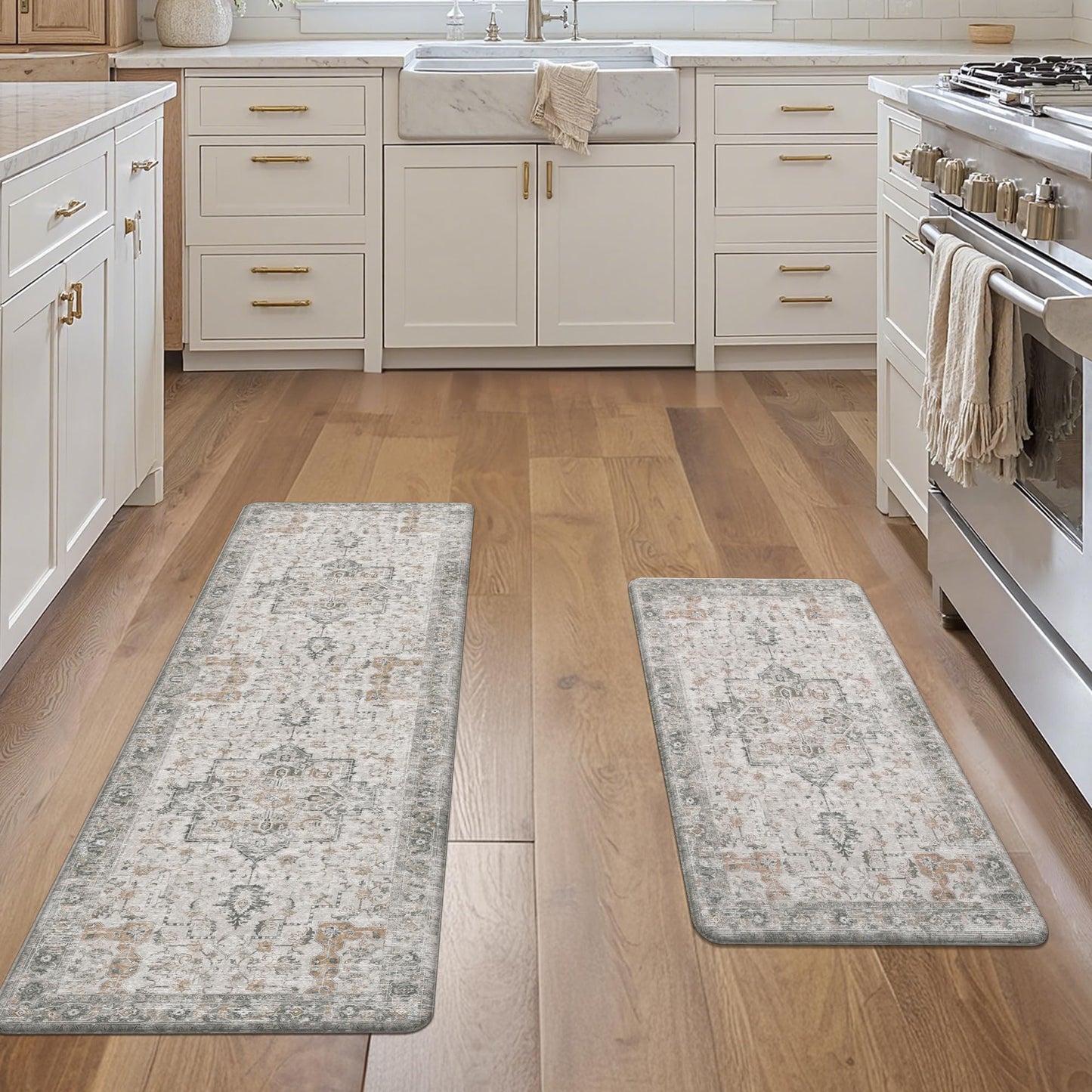 GENIMO Kitchen Mats for Floor 2PCs, Washable Anti Fatigue Mat for Cushioned, 17.3"x47"+17.3"x30", Waterproof Kitchen Rugs, Non Slip Comfort Standing Mat Rug for Home, Sink, Laundry, LightTaupeBrown