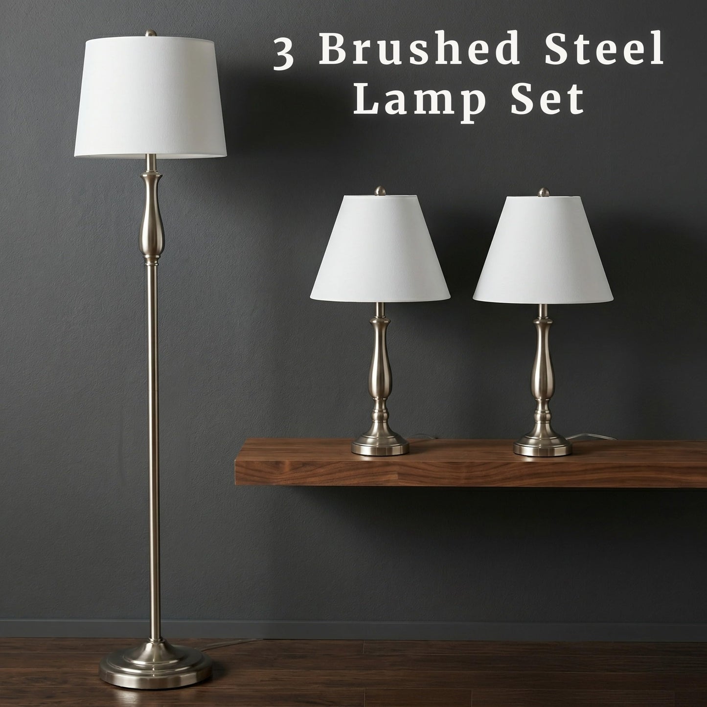 3-Piece Home Lighting Set - Coordinating Bundle with 2 Table Lamps and 1 Floor Lamp for Home and Office Decor by Lavish Home (Silver)