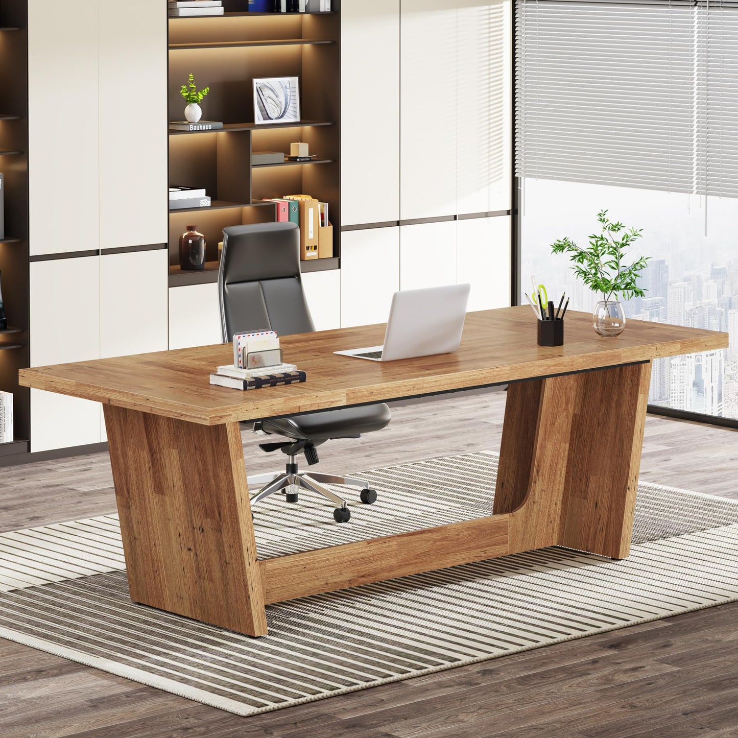 Tribesigns 70.87-Inch Executive Computer Desk: Large Home Office Desk with Solid Wooden Pedestal, Industrial Wood Study Writing Table, Workstation Business Furniture, Walnut