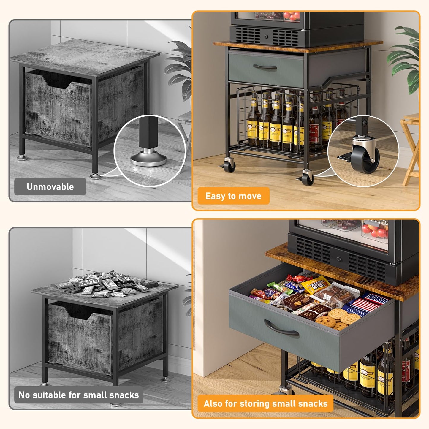 GloCryp Mini Fridge Stand, Heavy-Duty End Table Fridge Table with Storage, Small Refrigerator Stand with Rolling Wheels for Dorm, Kitchen,Pantry